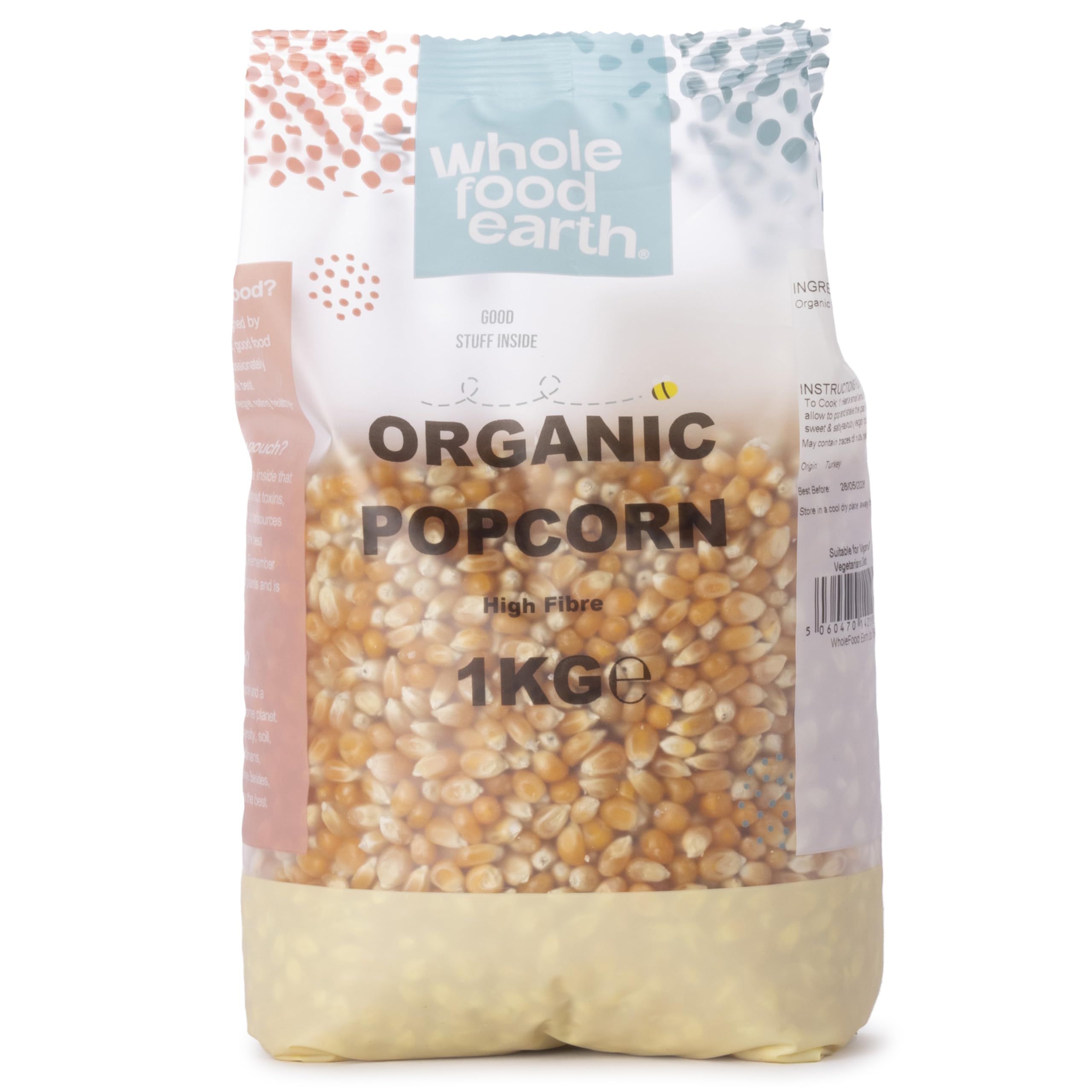 Wholefood Earth Organic Popping Corn – 1kg | GMO Free | Vegan | High Fibre | Certified Organic