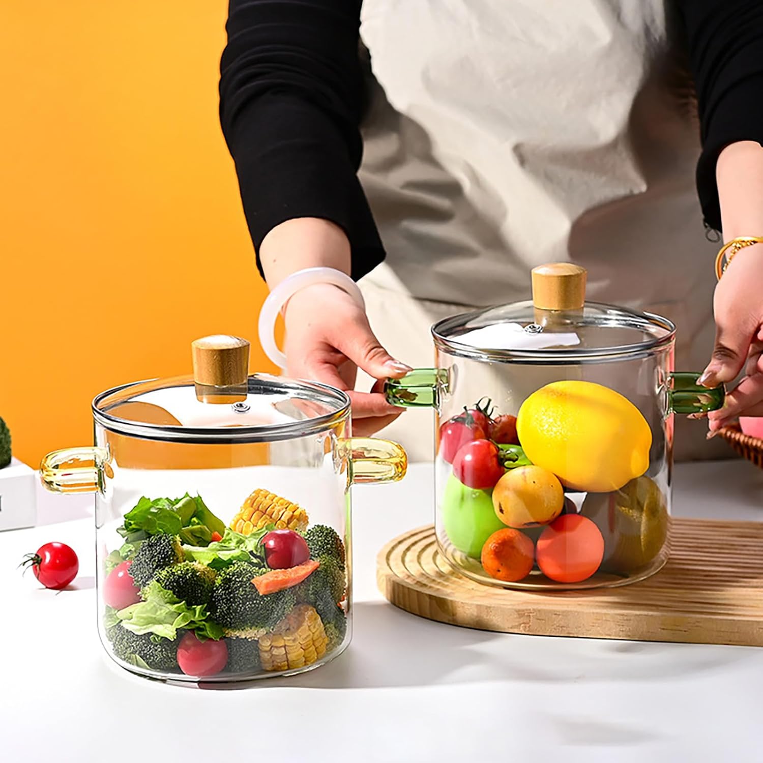 Clear Glass Simmer Pot Glass Cooking PotGlass Stock Pot with Lid,Heat-Resistant Glass Stovetop Pot and Pan with Lid for Pasta Noodle, Soup, Milk, Baby Food,Yellow,2300ml