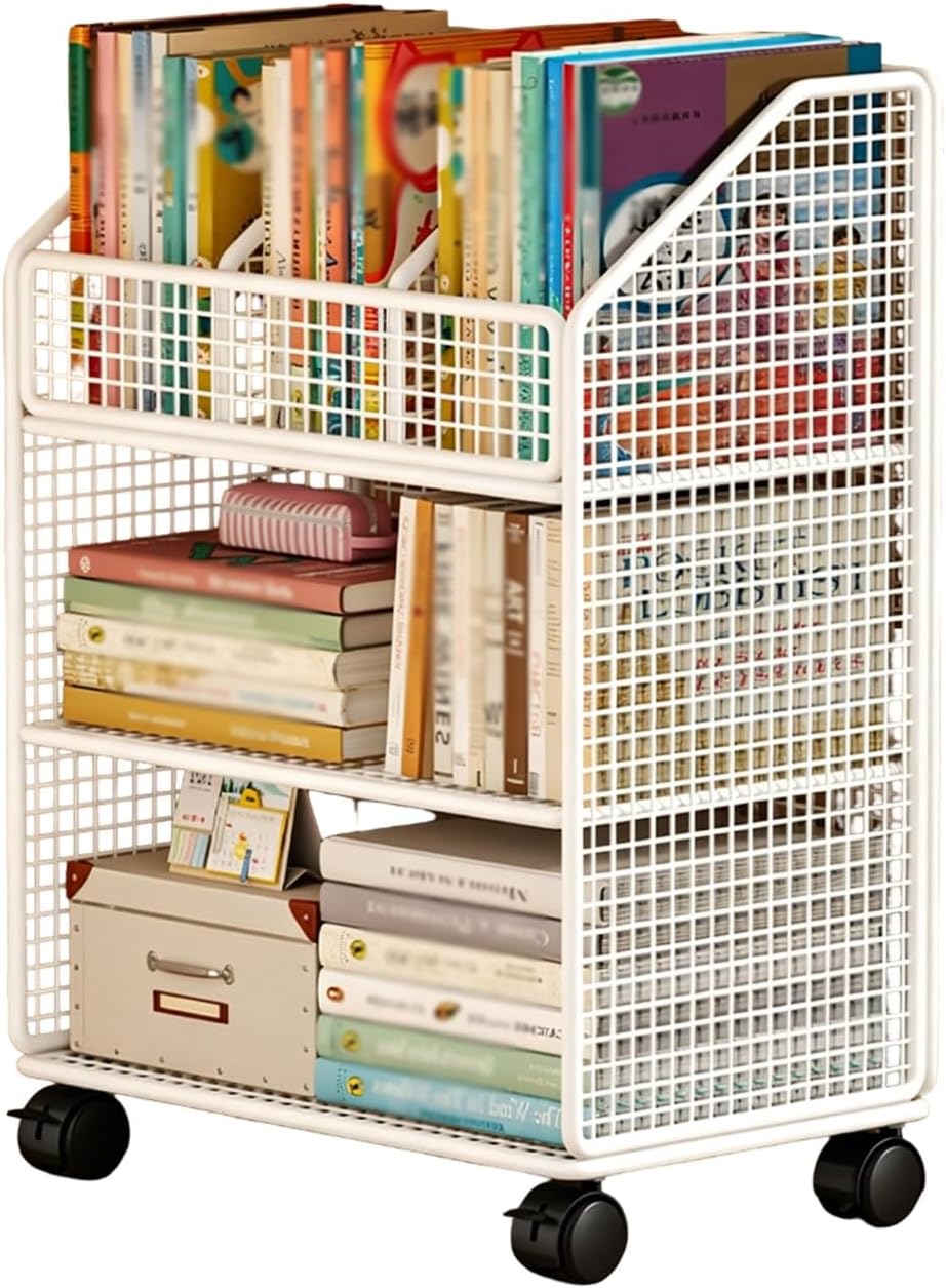 3 Tier Rolling Book Cart, Movable Bookshelf Organizer Rack with Wheels, Raised Guardrail Design, Metal Library Cart for Study Office Living Room Bedroom(White)