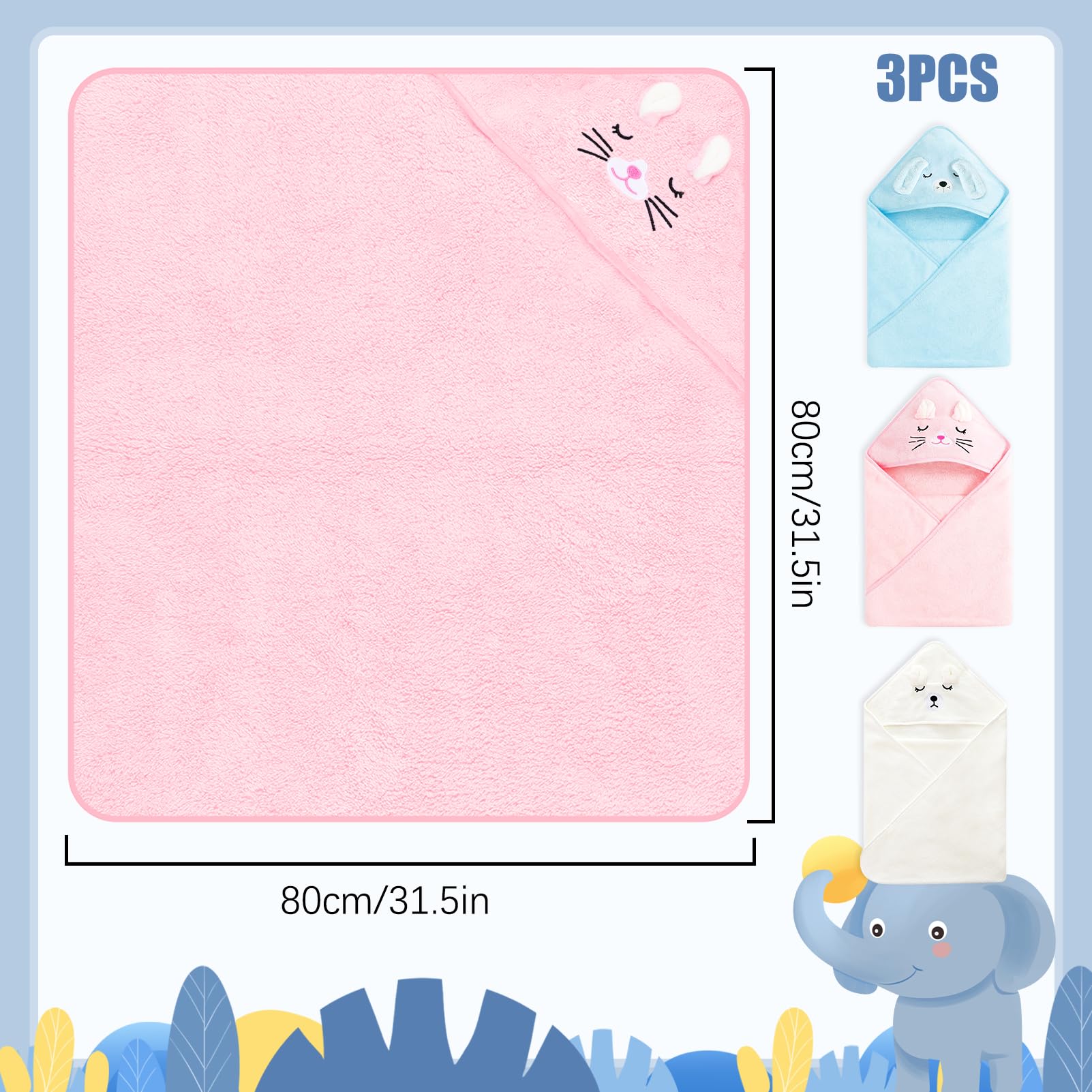 3Pièces Serviette de Bain Capuche Bébé,Cape de Bain à Capuche,Serviette Bebe Naissance,Douces Absorption , Plage, Après la Douche ou Le Bain,80 x 80 cm (Rose blanc et bleu）
