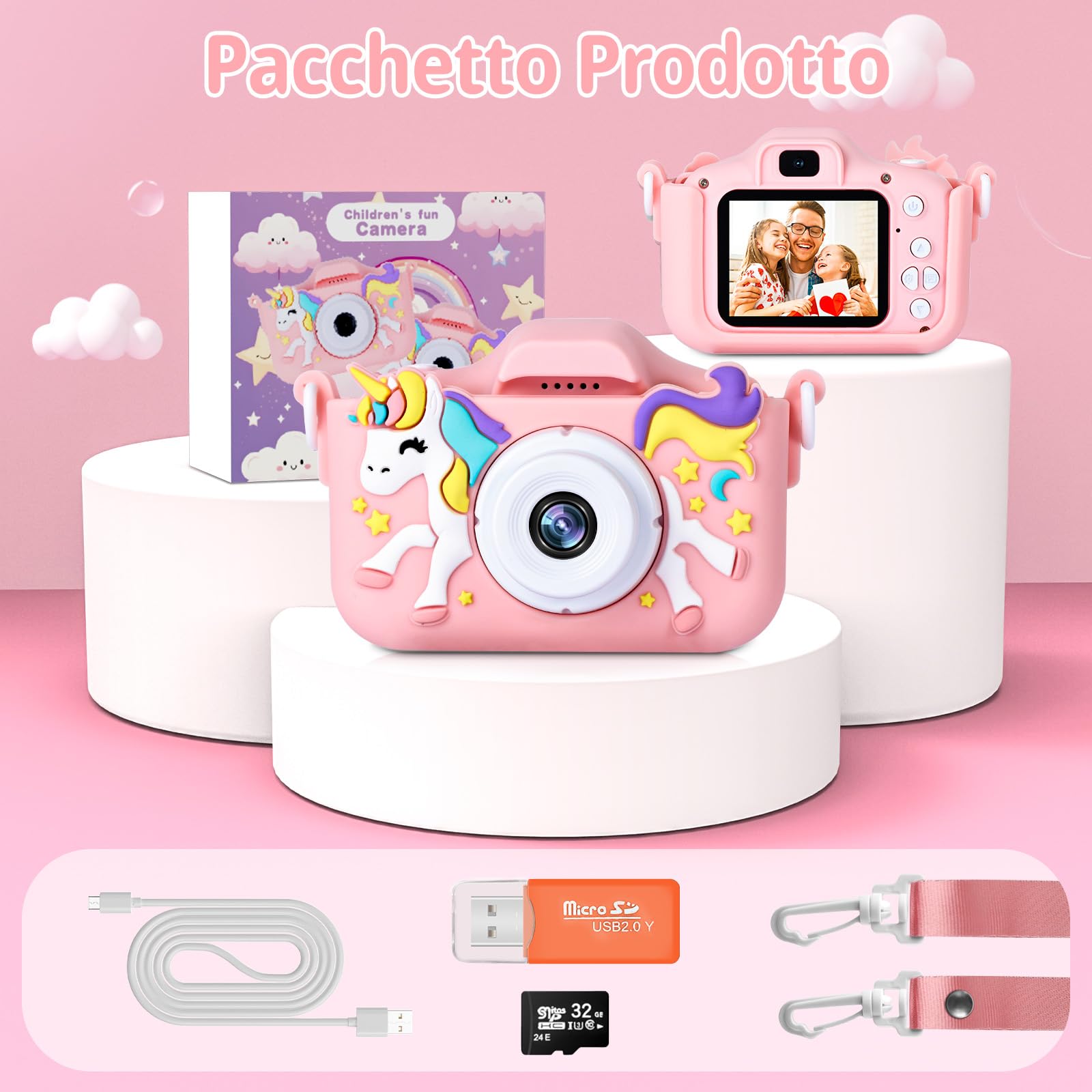 Macchina Fotografica Bambini, 2.0 Pollici Schermo Fotocamera Bambini, 1080P Ricaricabile Fotocamera Digitale con Scheda 32GB, Regali Giocattolo di Natale & Compleanno per Ragazze Ragazzi