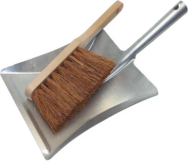 Cotarba Metal Dustpan and Brush Set Metal Dust Pan Hand Held Natural Coco Bristles Heavy Duty Sweeping Brush Cleaning Floor Soft Lobby Sweeper Soft Hand Brush Traditional Ash Outdoor Indoor Cleaning