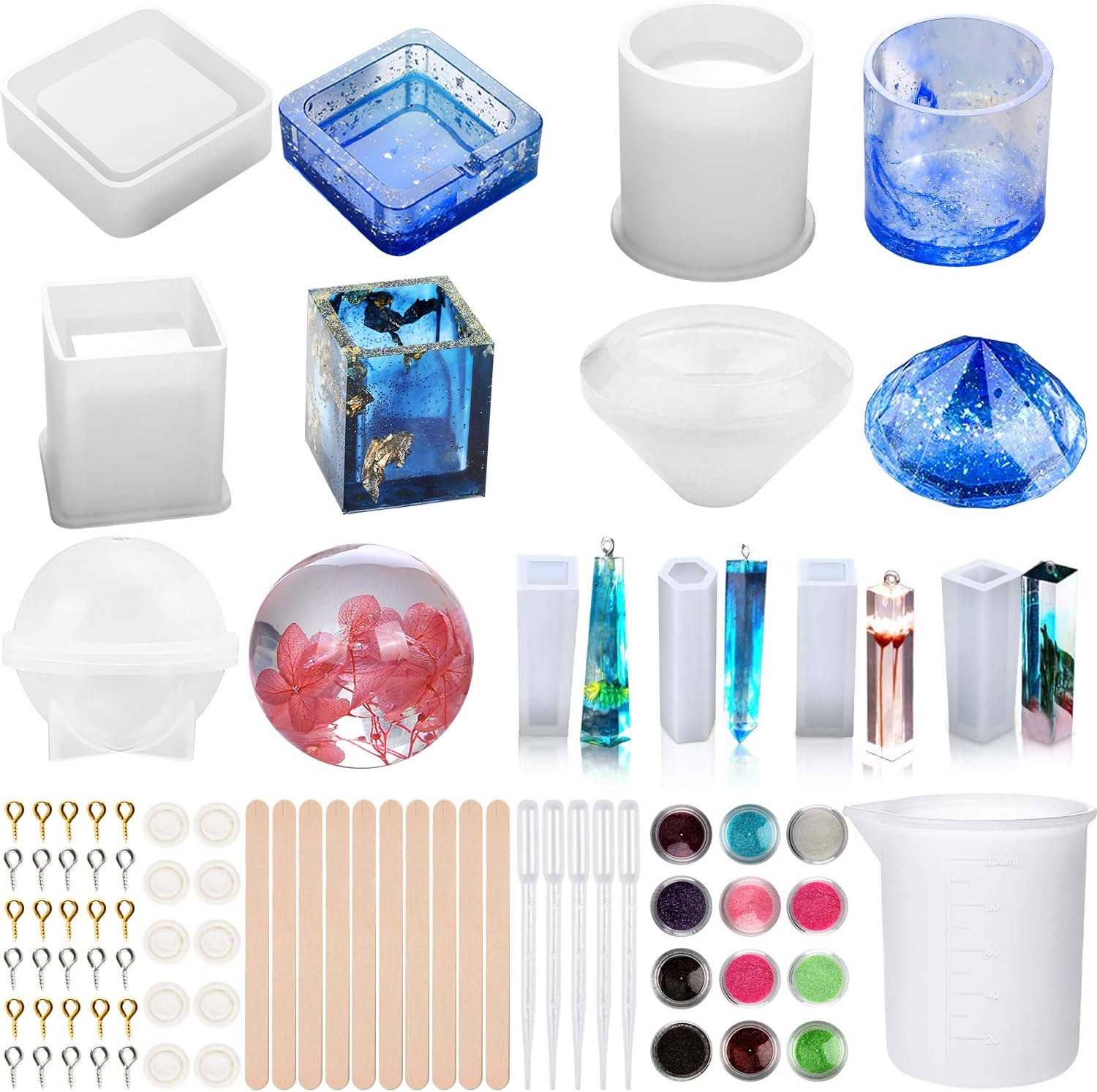 Apsung Resin Silicone Molds, Epoxy Casting Art Molds Includes Square, Cylinder, Cube, Round, Diamond, Mixing Cup, Pendant Molds and 58 PCS Accessories for Coaster, Ashtray, Pen Soap Jewelry Holder