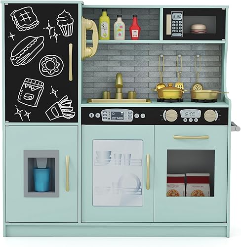 Costzon Kids Kitchen Playset, Wooden Pretend Cooking Toy Set wReal Sound, Large Blackboard, Telephone, Microwave, Ice Maker, Dishwasher, Oven,