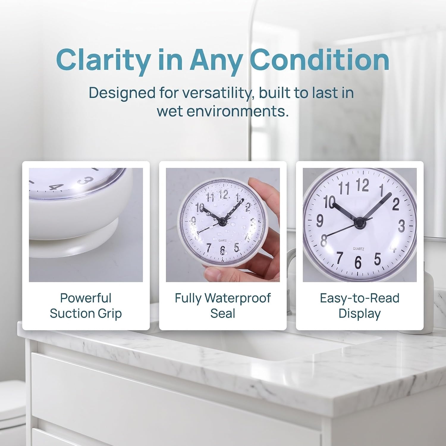 Waterproof Shower Clock 3.2 Inch with Suction Cup, White