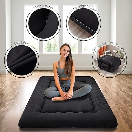 Miniatura 4 de Mooedcoe Colchón japonés, futón japonés, colchón tatami de 4 pulgadas de grosor, colchón japonés plegable enrollable, tamaño individual (negro)