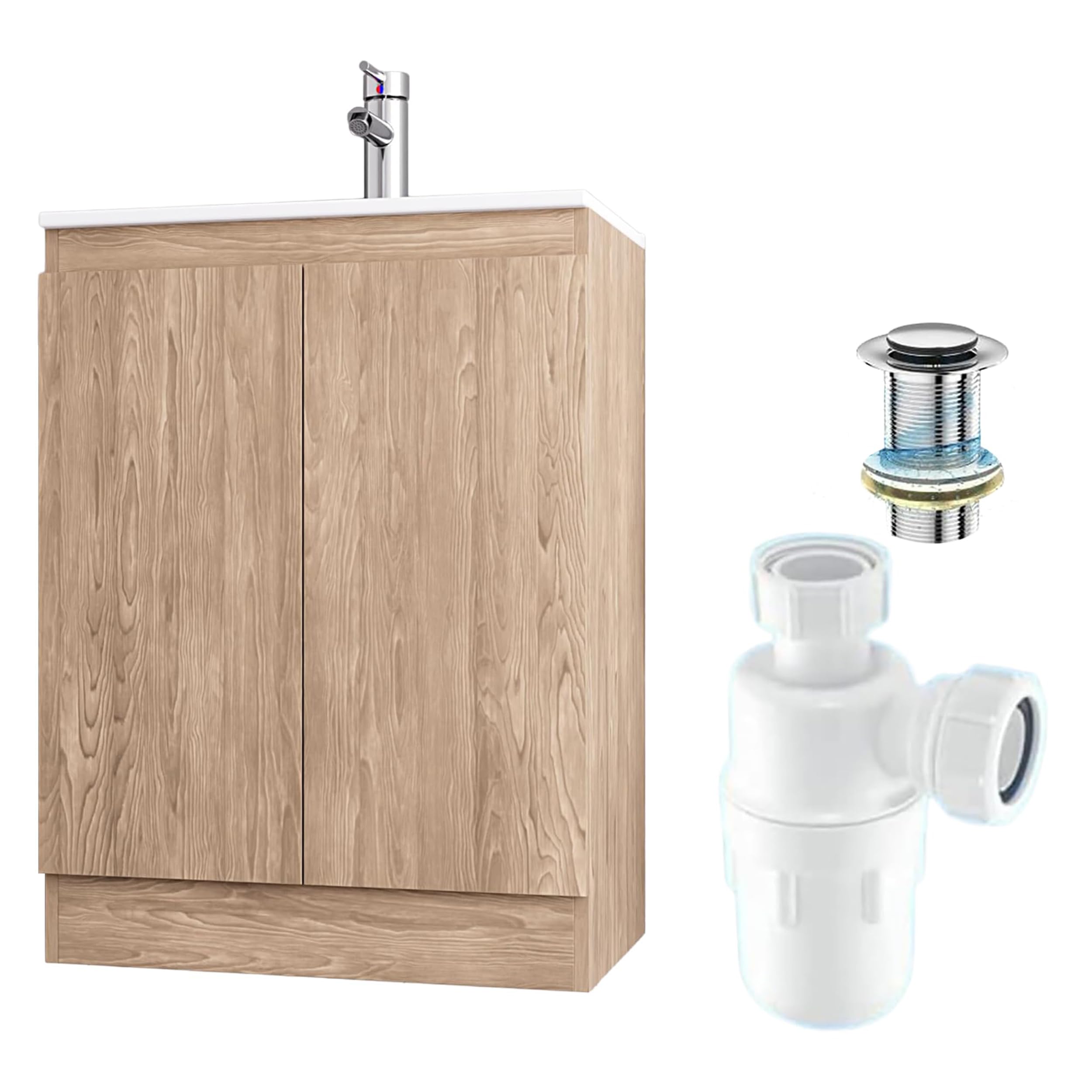 BELOFAY 600mm Under Sink Bathroom Cabinet Floor Standing Storage Cupboard Basin Vanity Unit, 600mm Laquered Cloakroom Vanity Unit with Basin, Tap, Trap and Waste, Tap not included (Denvor Wood Grains)