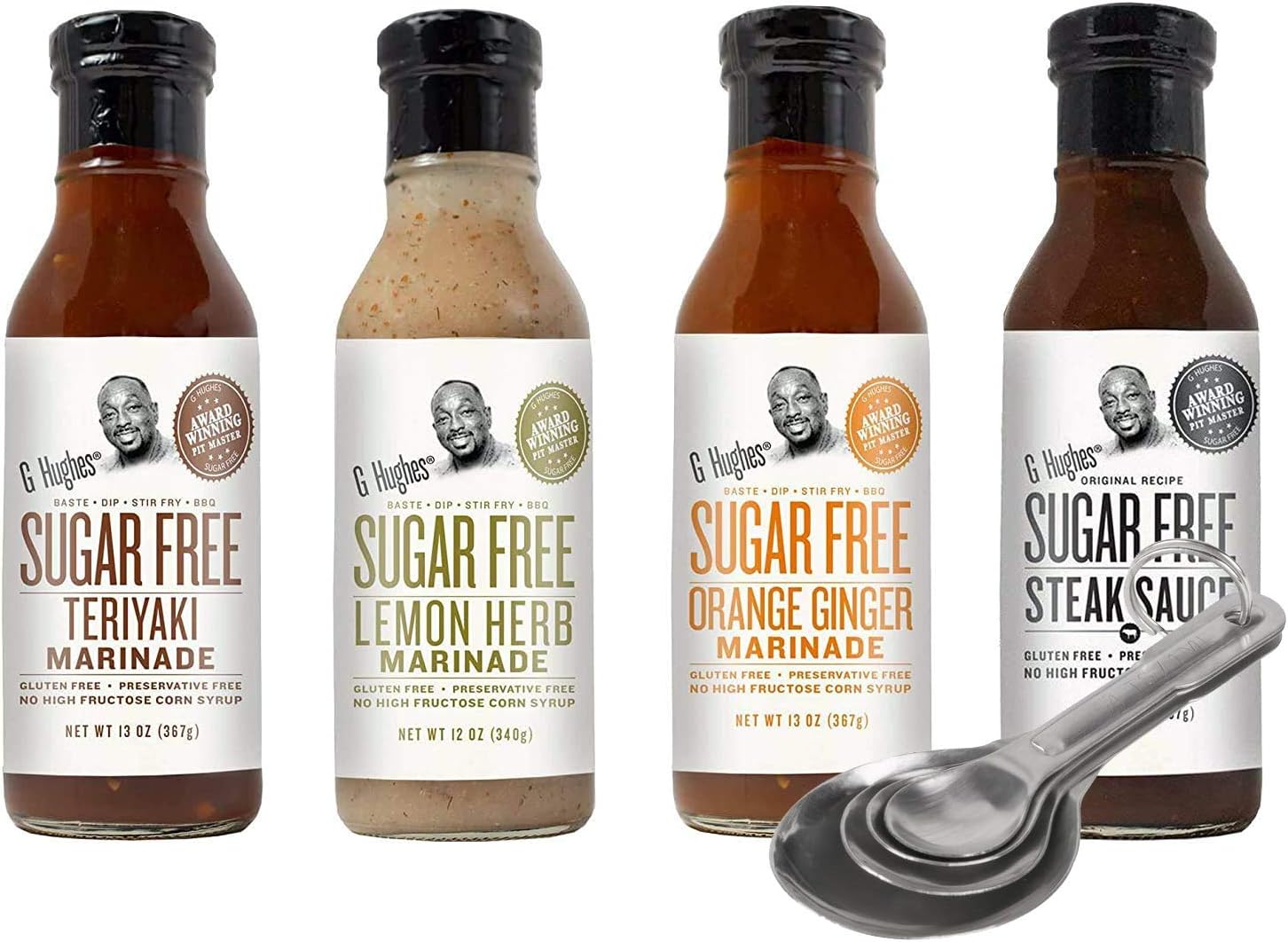 [Free Measuring Spoon Set] G Hughes Sugar Free Marinades Variety Pack (Teriyaki, Orange Ginger, Steak Sauce, Lemon Herb) - Pack of 4 Grill Master