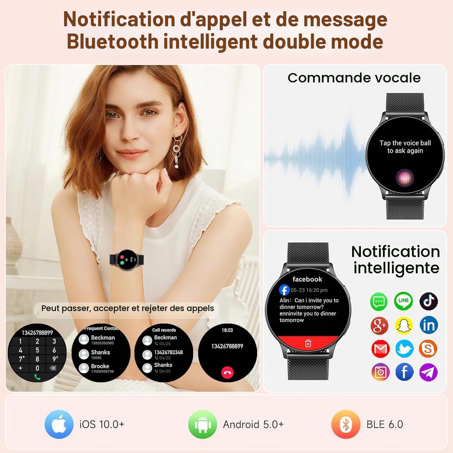 Montre Connectée Femme avec Appel Bluetooth, 1.32" Smartwatch avec Fréquence Cardiaque/SpO2/Sommeil Montre, 120+ Mode Sportifs Montre, IP68 étanche Fitness Podomètre Compatible pour Android iOS