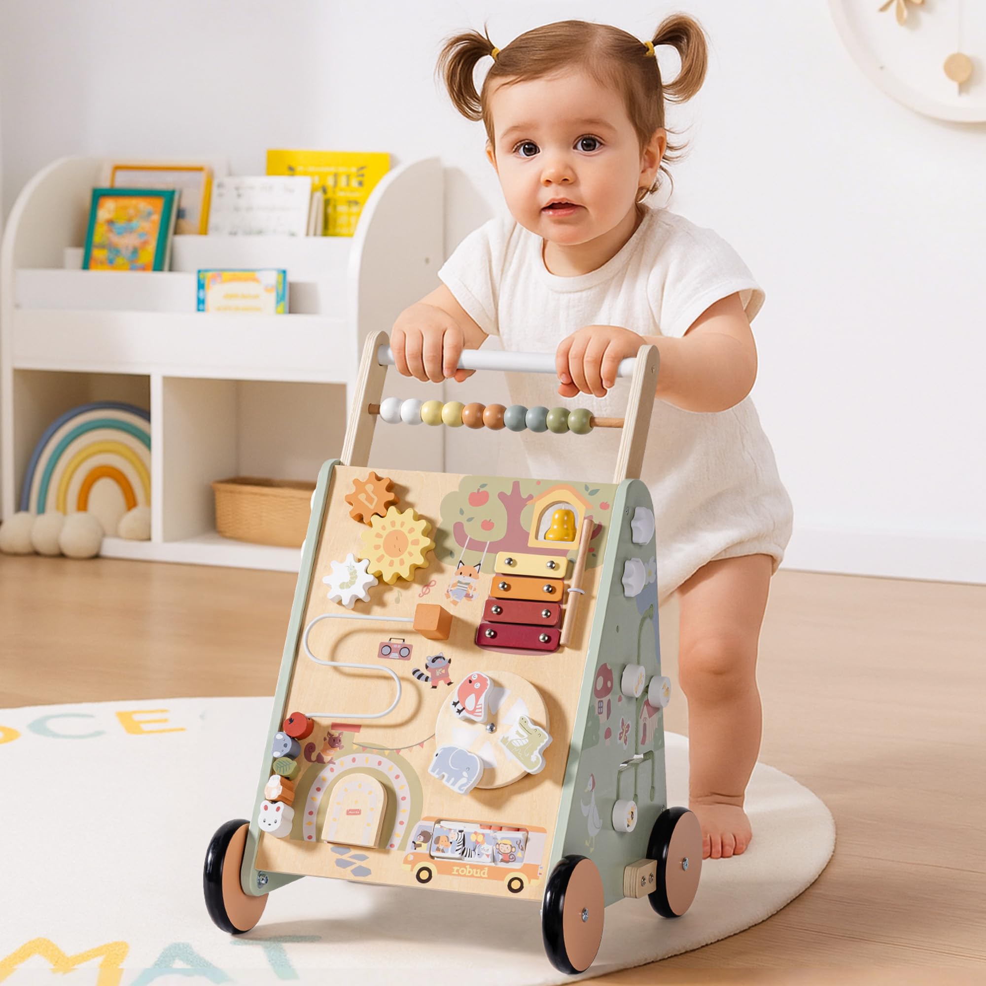 ROBUD Andador de madera para bebés para niños pequeños, juguete multifuncional 8 en 1 con centro de actividades, gran espacio de almacenamiento, control de altura y velocidad, andador educativo de
