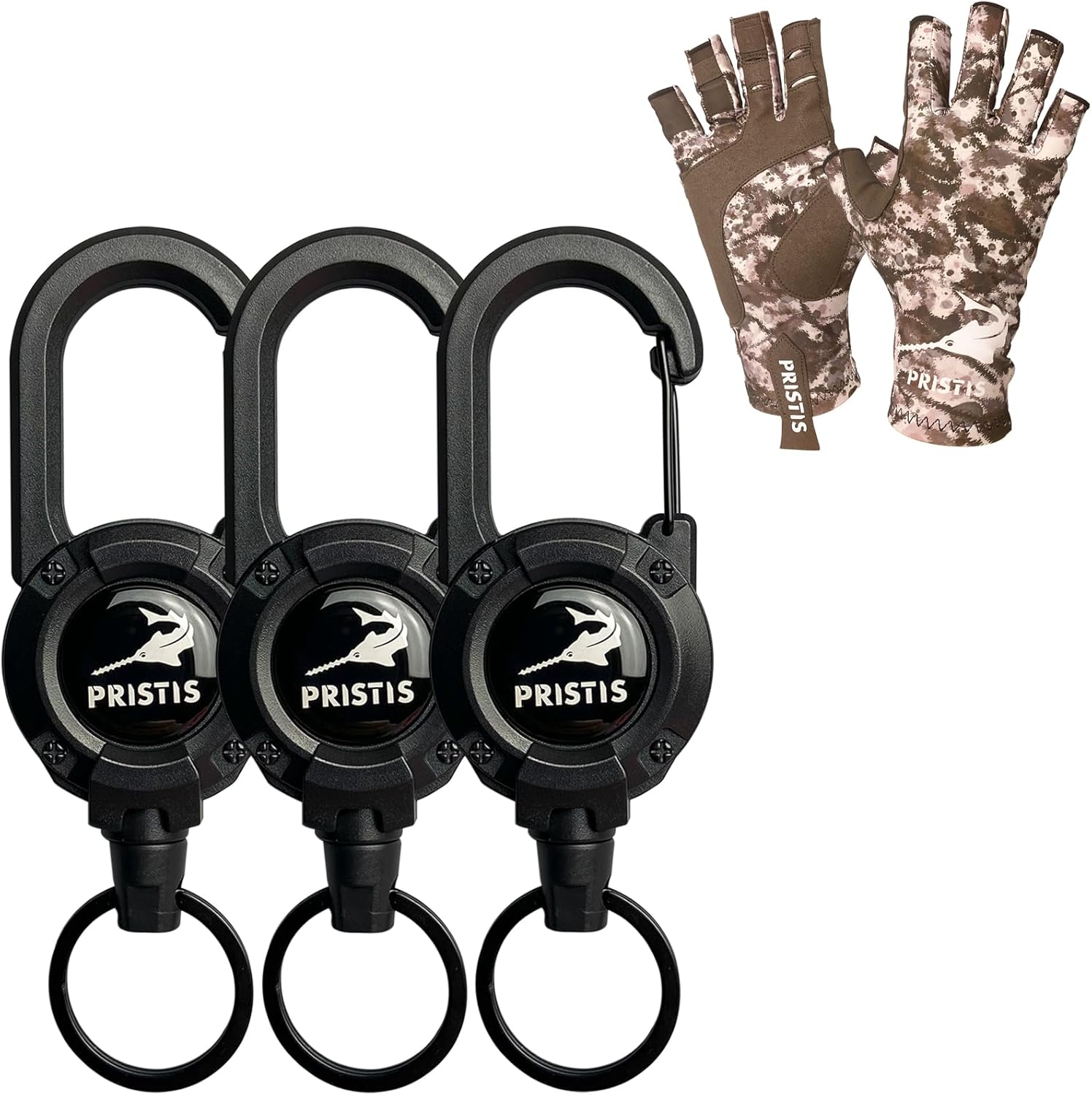 Pristis Convenient Fishing Equipment Combination, 3 Pack Heavy Duty Zinger Retractors & Jungle CAMO Half-Finger Fishing Gloves (S – M), A Neat Option for Angler