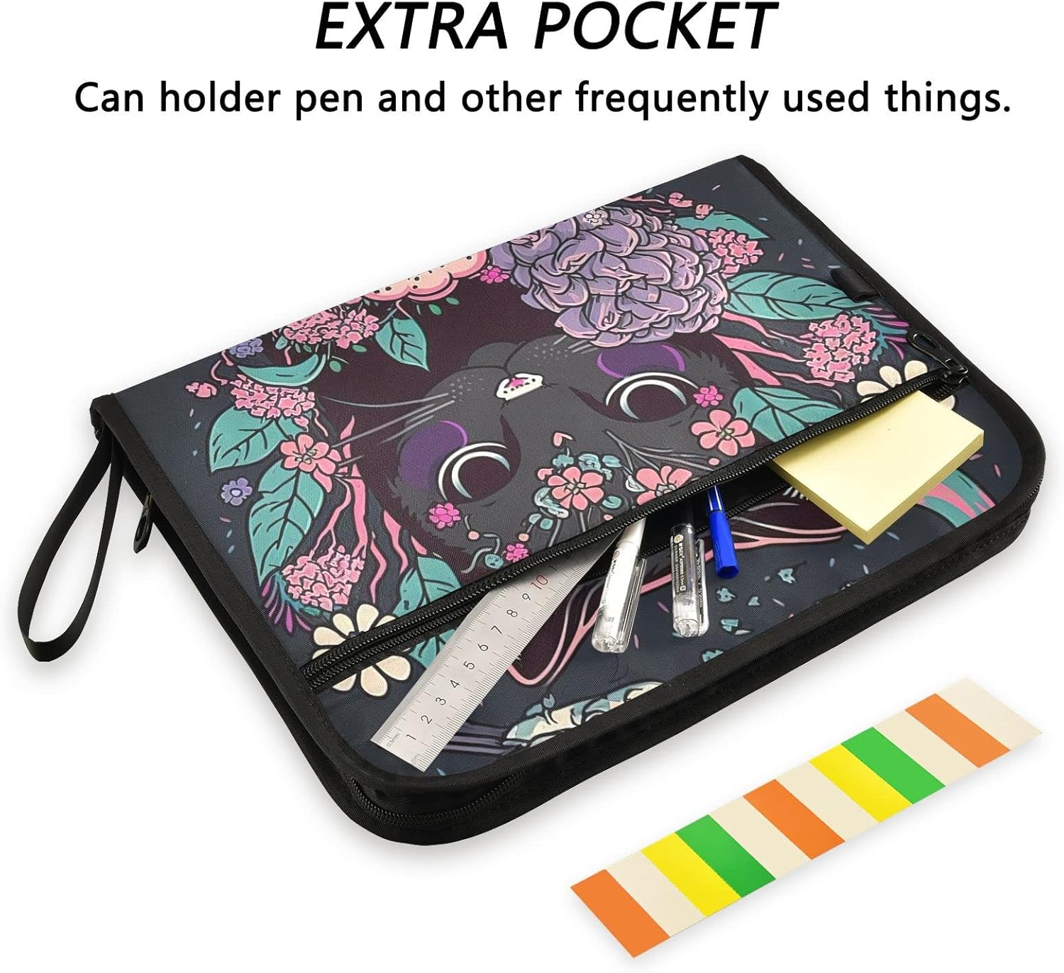 Expanding File Folder (Magical Black Cat), Accordion Document Organizer Zipper Closure 13 Pockets with Labels, A4 Paper Size Document Bag