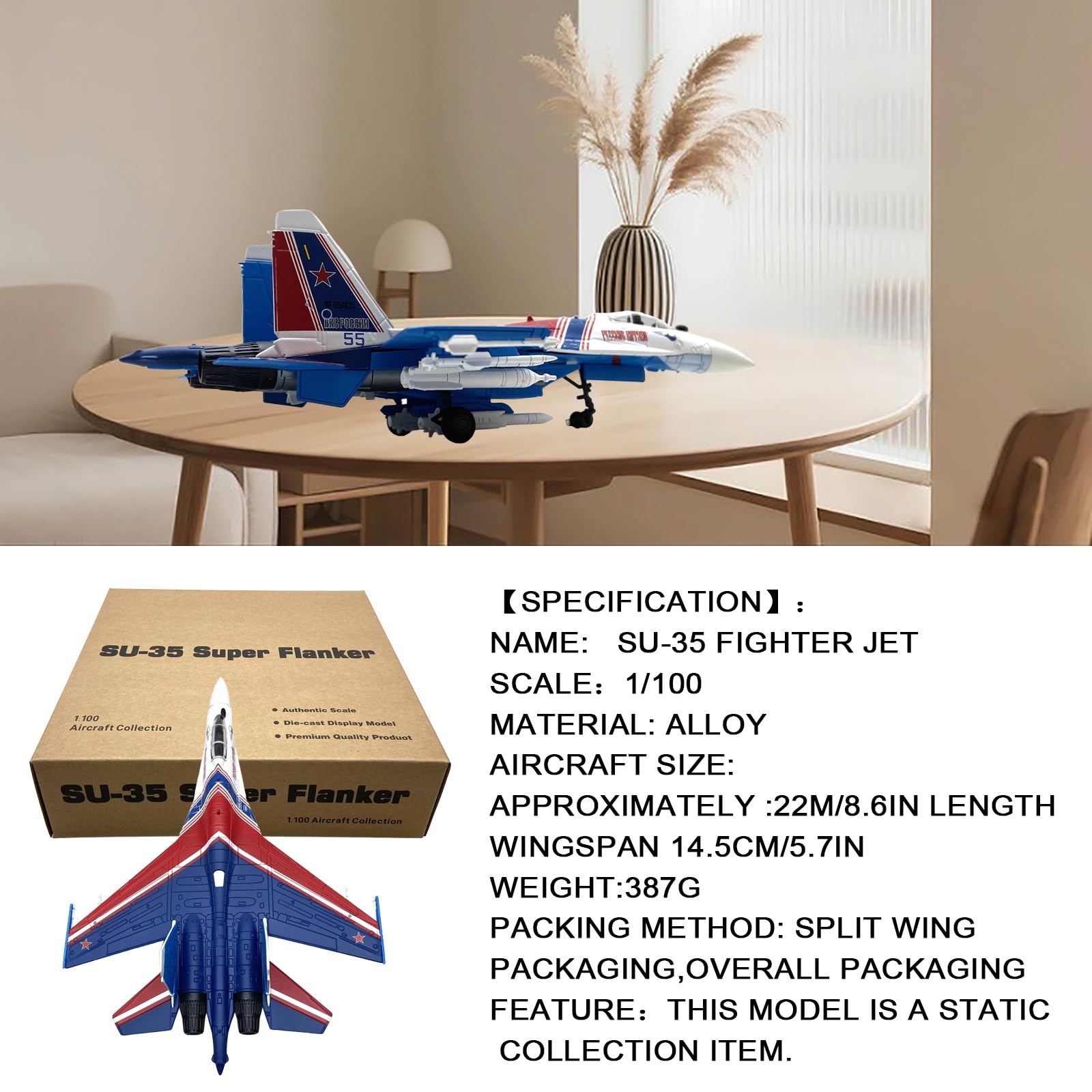 Aereo attacco SU-35 in scala 1/100, modello aereo combattimento metallo pressofuso,collezione, con supporto espositivo, decorazione aeronautica for scrivania ufficio,collezionisti