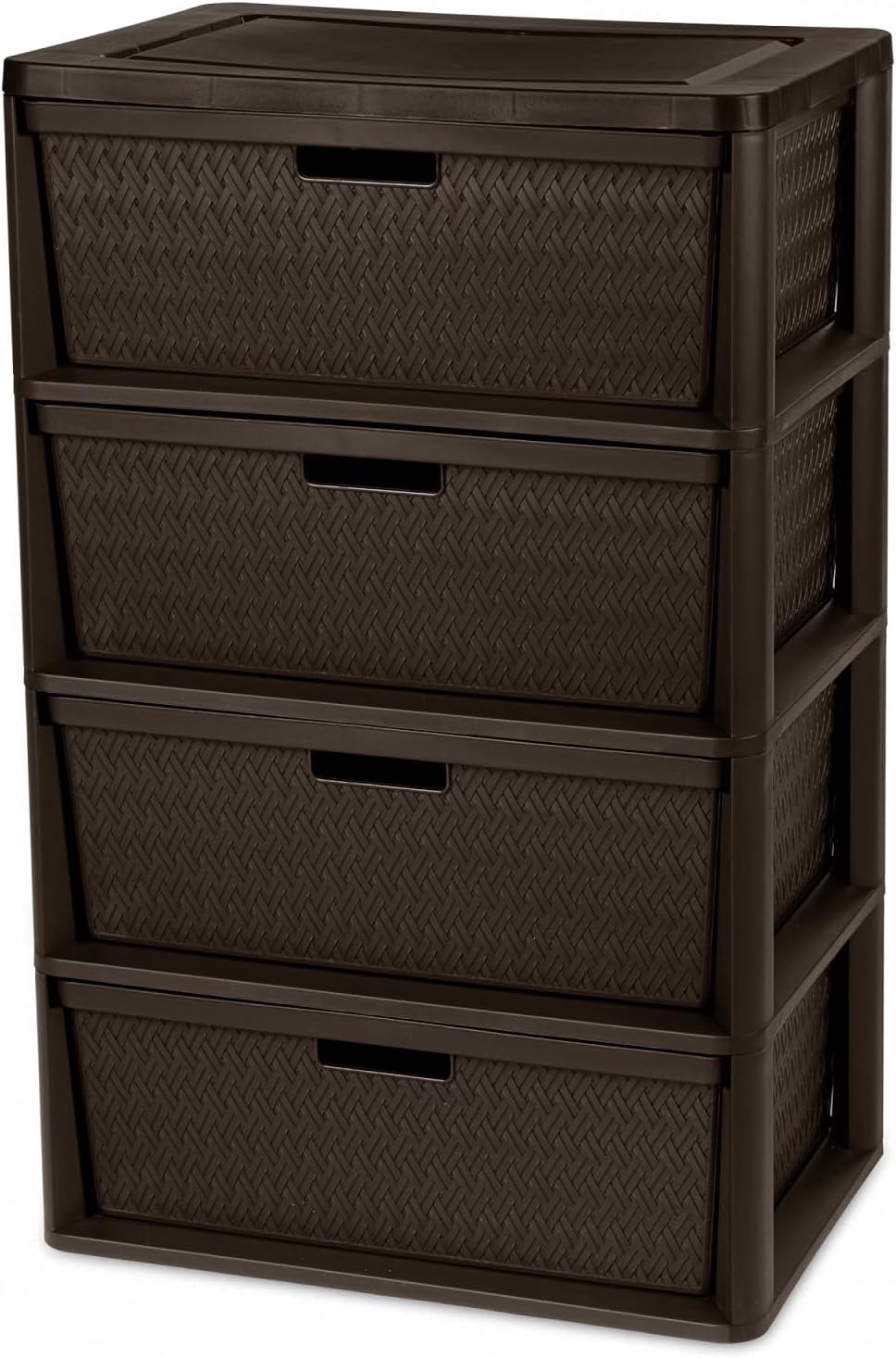 4-Drawer Wide Plastic Storage Tower with Cross-Weave Bins, Brown