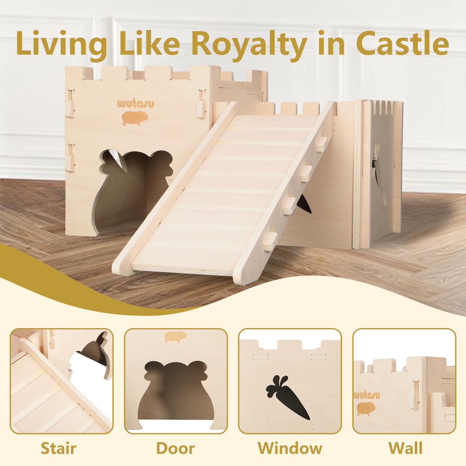 Large Wooden Guinea Pig Castle with Ramp - Easy to Assemble Small Animal Habitats Houses for Guinea Pigs, Chinchillas, Bunny, Hedgehog - Made from Natural Wood