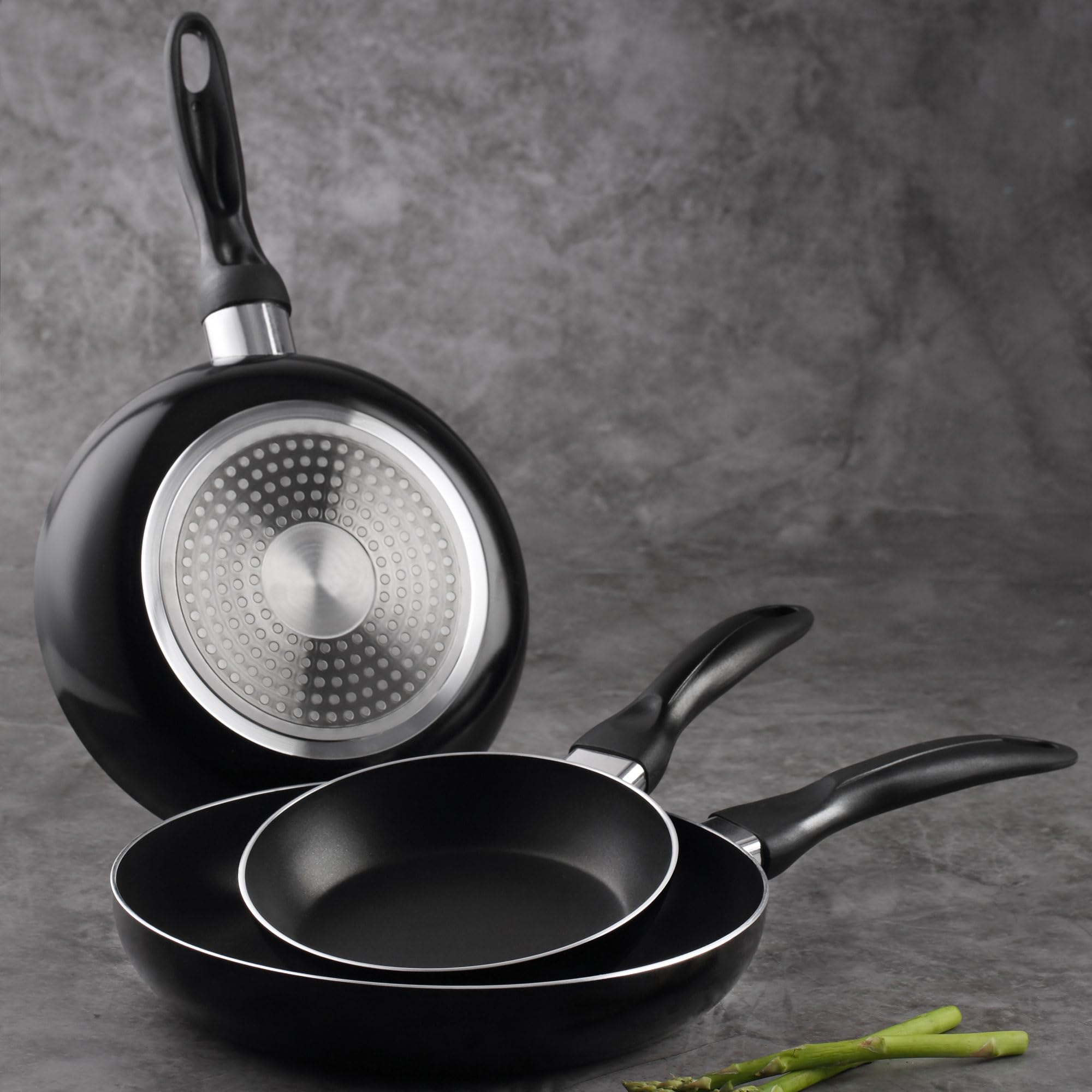 Well Home Set de Batería de cocina de 5pc en acero inoxidable + 3 Sartenes Ø16Ø20Ø24cm Negro en aluminio prensado