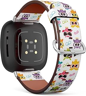 CJBROES Replacement Leather Watch Band, Compatible with Fitbit Versa 3 and Fitbit Sense of Wristband Bracelet Accessory - Colorful-Funny-Owls