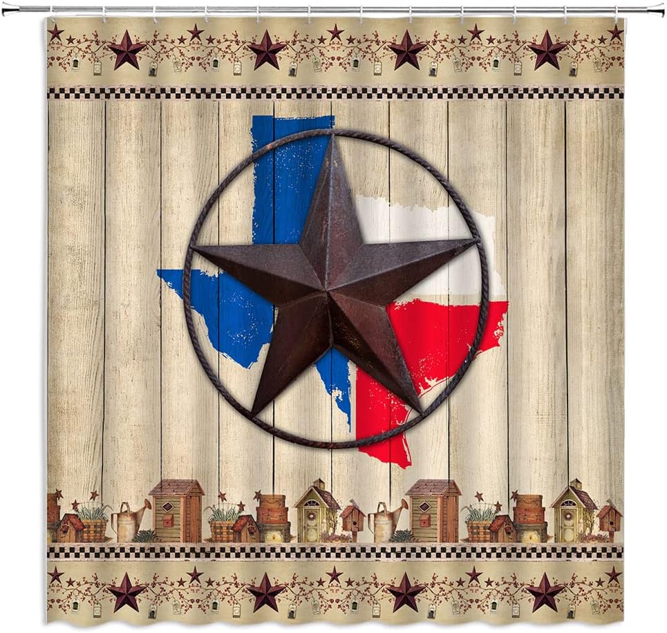 Rustic Texas Shower Curtain Western Star Southwestern Vintage Wood Retro Barn Farmhouse Berries On Country Wooden Plank Fabric Bathroom Curtains Decor Set with Hook(70" Wx96 H)