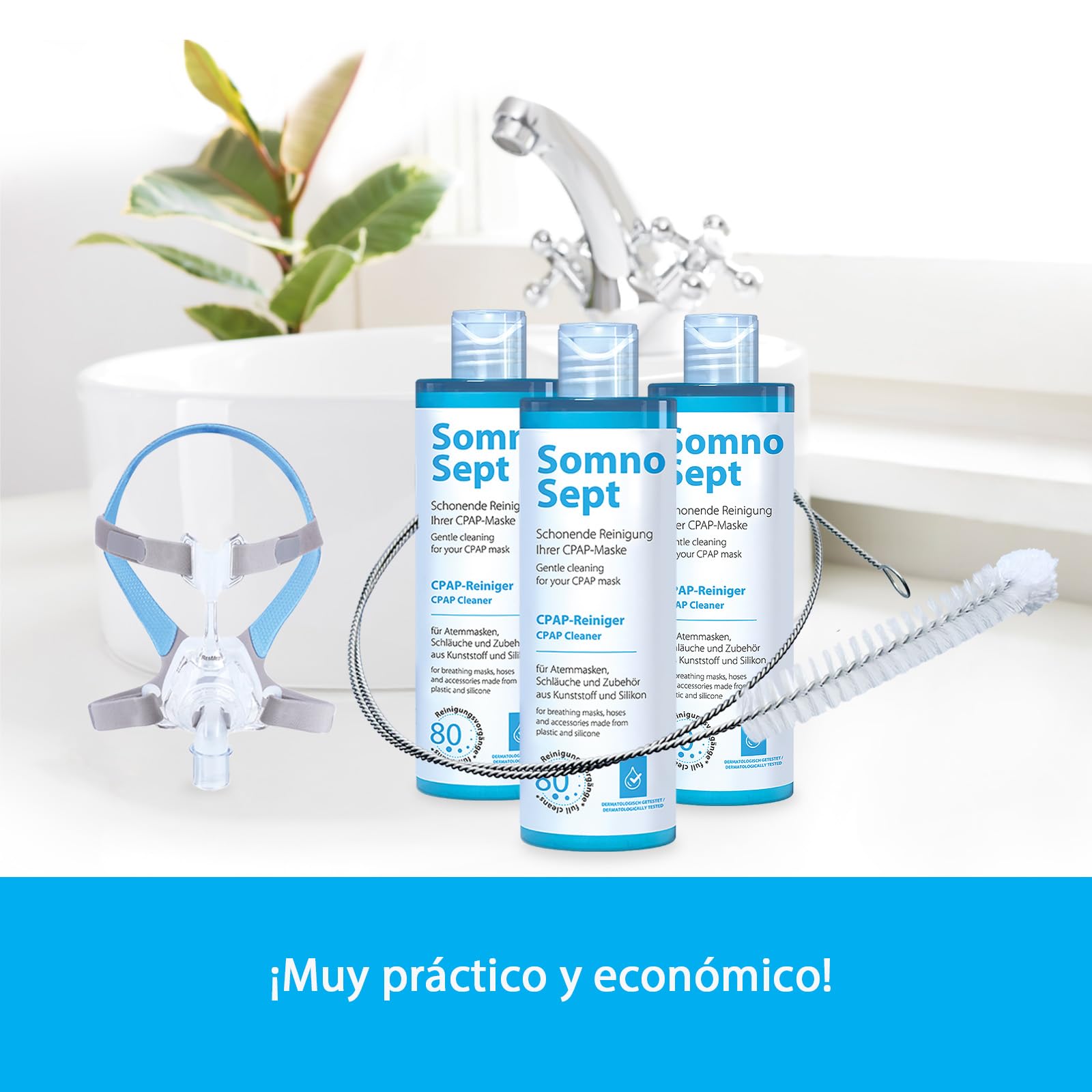 Paquete de limpieza CPAP: 3 limpiador CPAP, SomnoSept 400 ml y 1 cepillo de manguera Oxyhero CPAP, 120 cm, 19 mm, limpieza profunda de máscara CPAP, manguera CPAP, limpiador de silicona