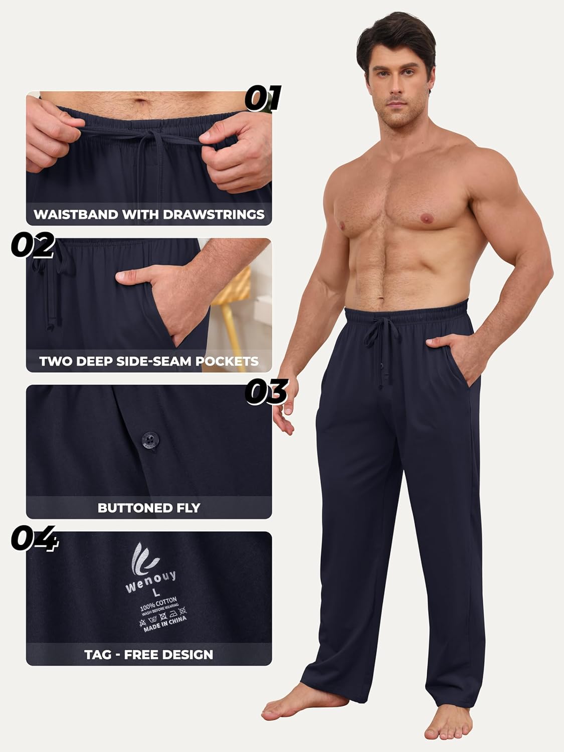 2 Pack Men's Cotton Pajama Pants Soft Sleep & Lounge Pj Bottoms with Pockets & Drawstring - Image 3
