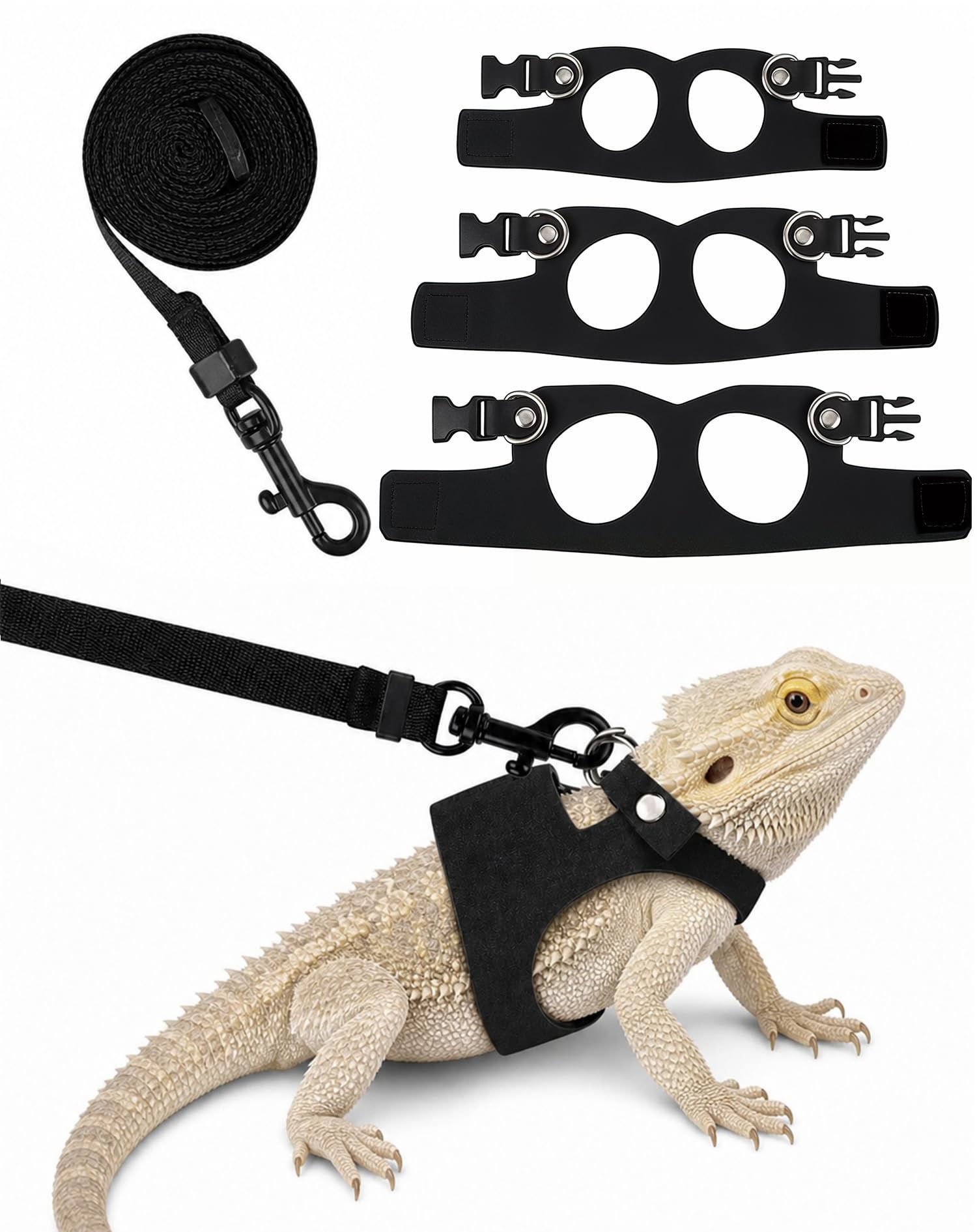 Bearded Dragon Harness and Lead Set, 3PCS Bearded Dragon Harness Adjustable Lizard Harness Vest with Leash, Escape Proof Reptile Accessories for Gecko Iguana Small Pets Black โ image 1