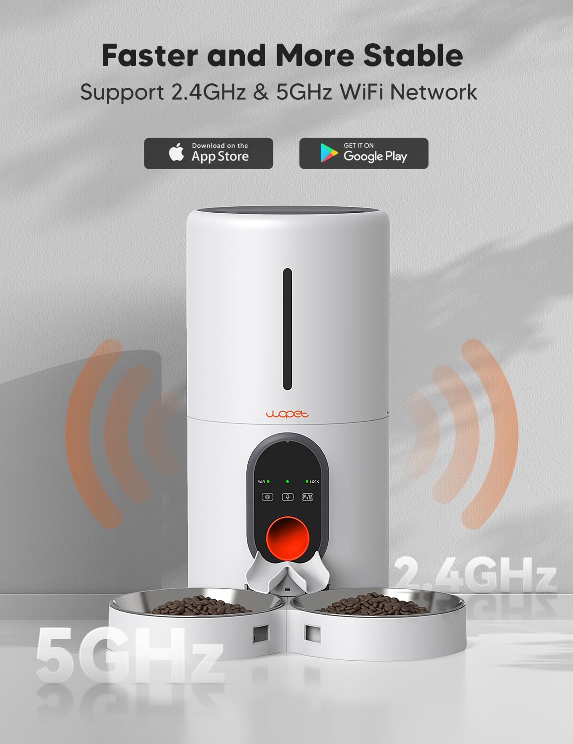 WOPET Comedero automático para gatos y perros, alimentador de mascotas WiFi 5G con control remoto, dispensador de comida para gatos de 6 litros con sensor de alimentos bajos, 1-10 comidas al día