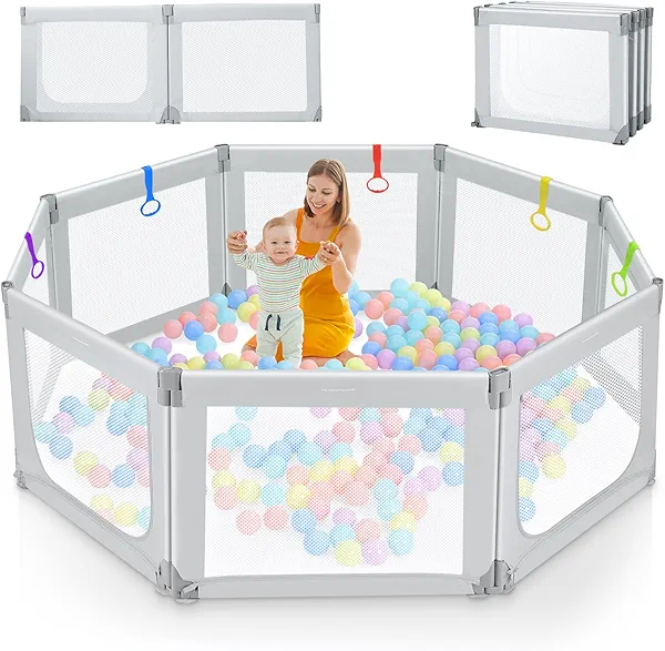 Kidirect Foldable Playpen for Babies & Toddlers 1-3, 71"x69" Large Portable Play Yard with 5 Handles, Indoor Outdoor Baby Gate Fence Play Area with Visible Mesh, Grey