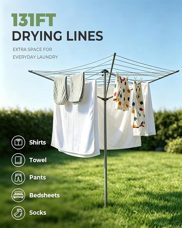 JS HANGER Collapsible 3-arm Rotary Outdoor Umbrella Drying Rack Metal Clothes Dryer Clothesline with 131ft Drying Space by JS HANGER - Used condition - Image 6