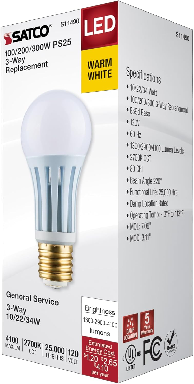 Satco #S11490; 10/22/34 Watt PS25 LED Three-Way Lamp; E39d Mogul Base; 2700K; White Finish; 120 Volt (2 LED Light Bulbs)