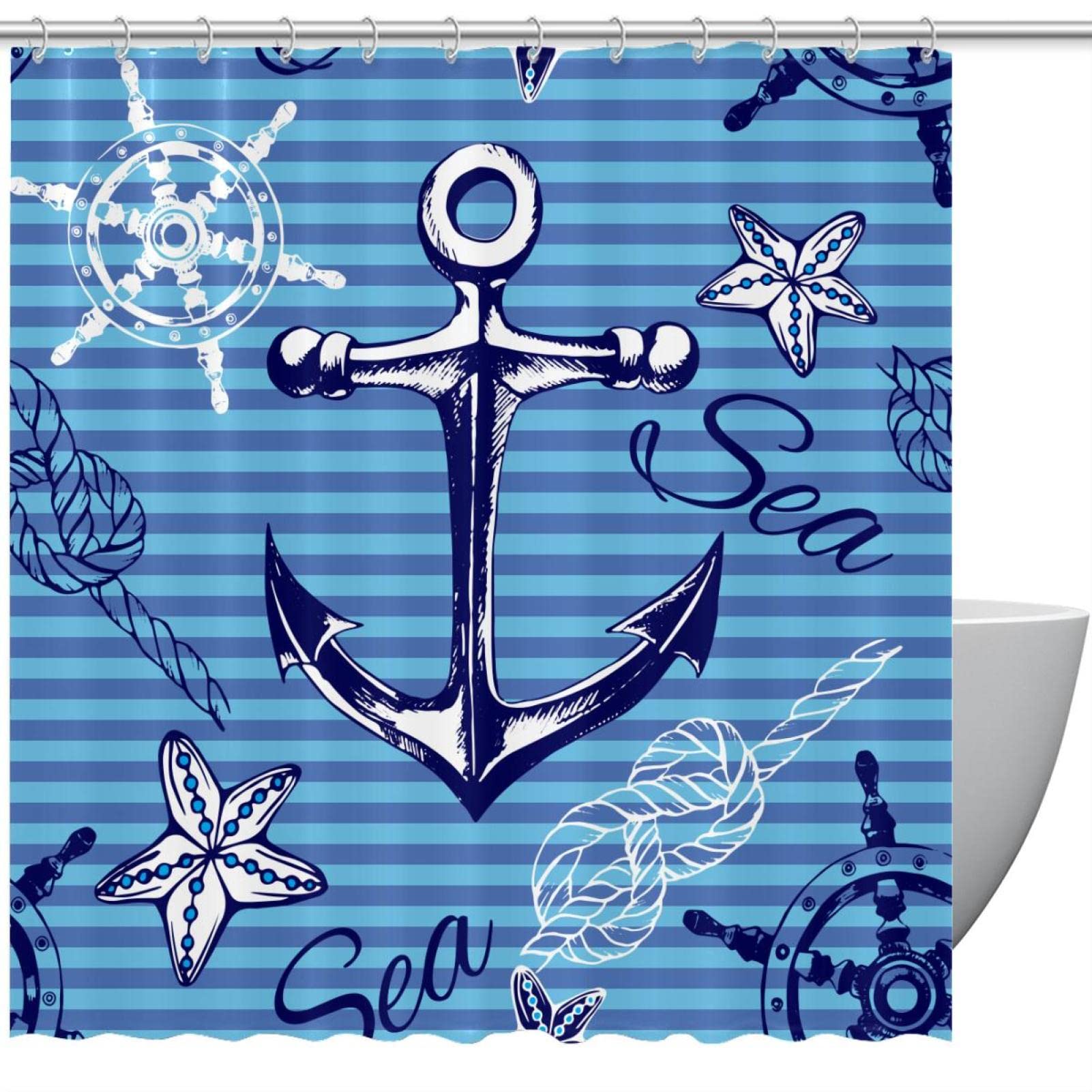 Rideau de douche ancre nautique bleu marine 183x183 cm aquarelle