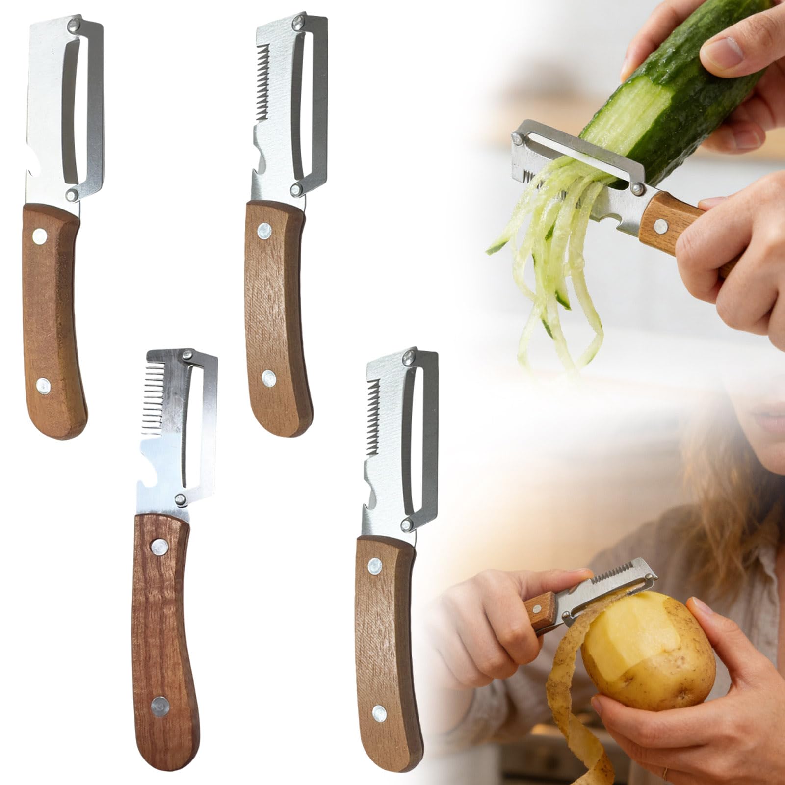 3 in 1 Sparschäler, 2026 Neu Multifunktionaler Gemüseschäler für Die Küche, Edelstahl Gemüseschäler Mit Schredderfunktion, Kartoffelschäler mit Flaschenöffner, Universalschäler für Tomaten Obst (4PC)