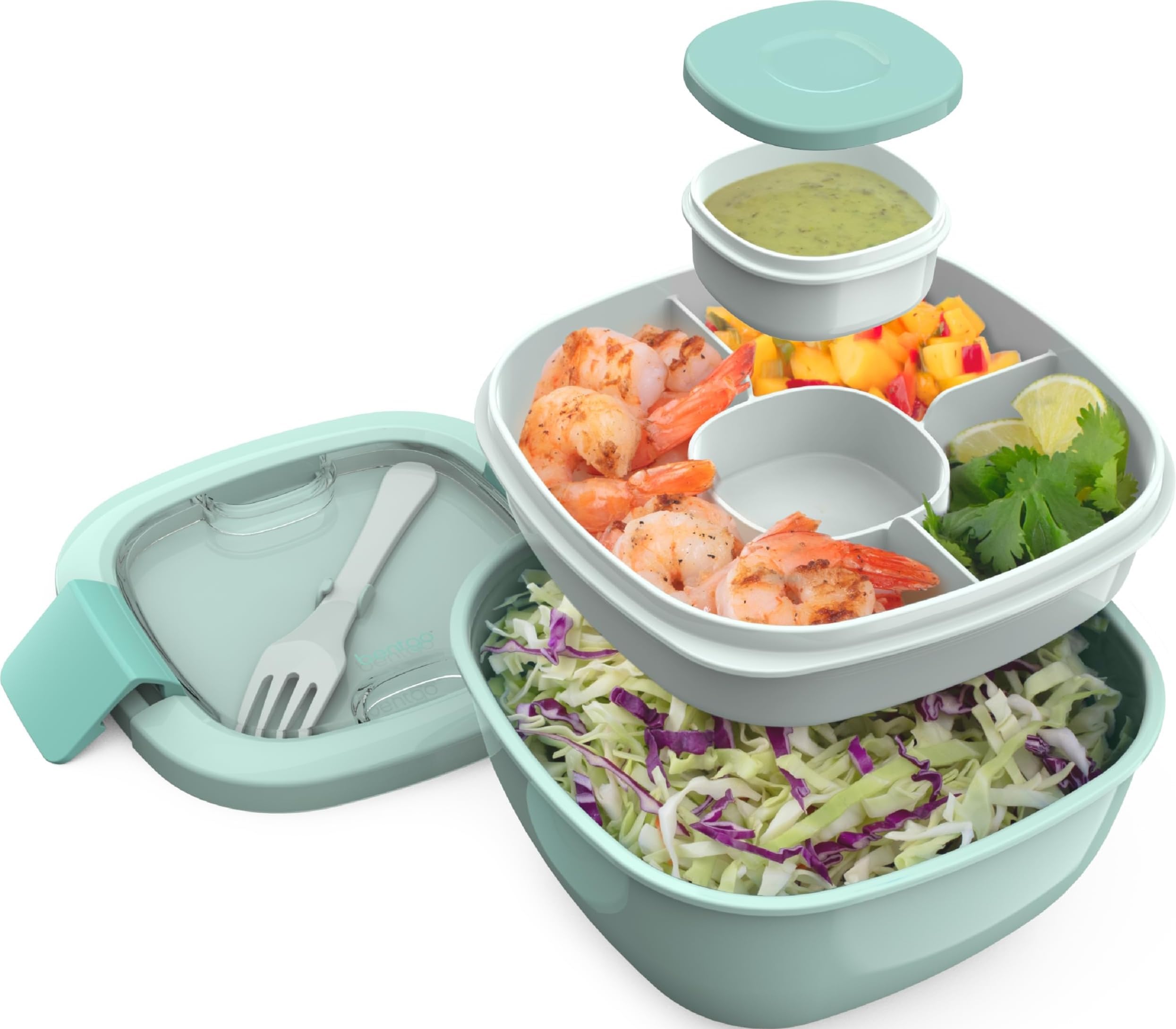 Salad Container, Lunch Bowl with 4-Compartment Toppings Tray, 54 oz