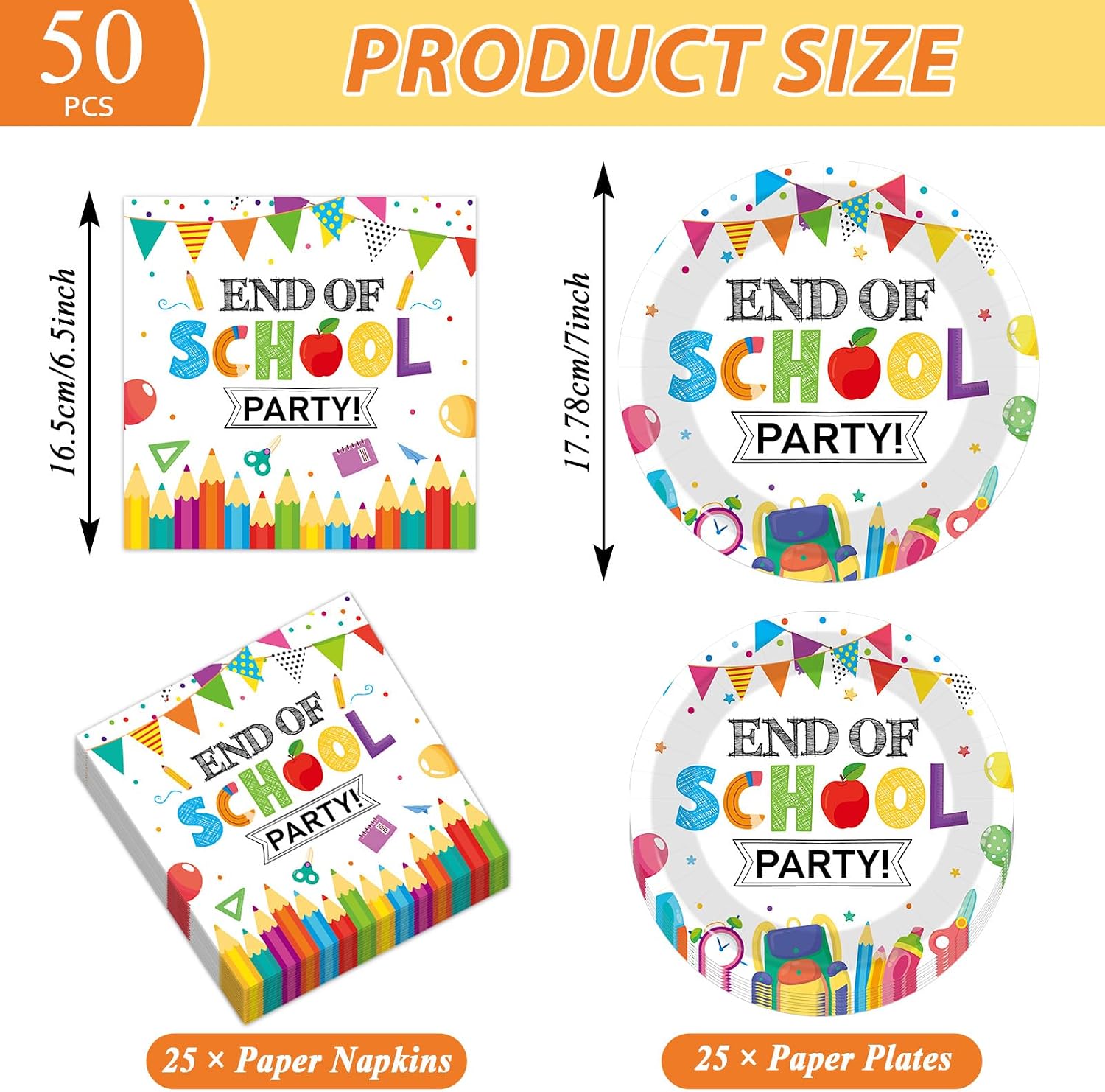 50pcs End of School Year Paper Plates and Napkins Disposable Summer Vacation Tableware Summer Theme Supplies for 25 Guests End of School Celebration Graduation Birthday Party Decor