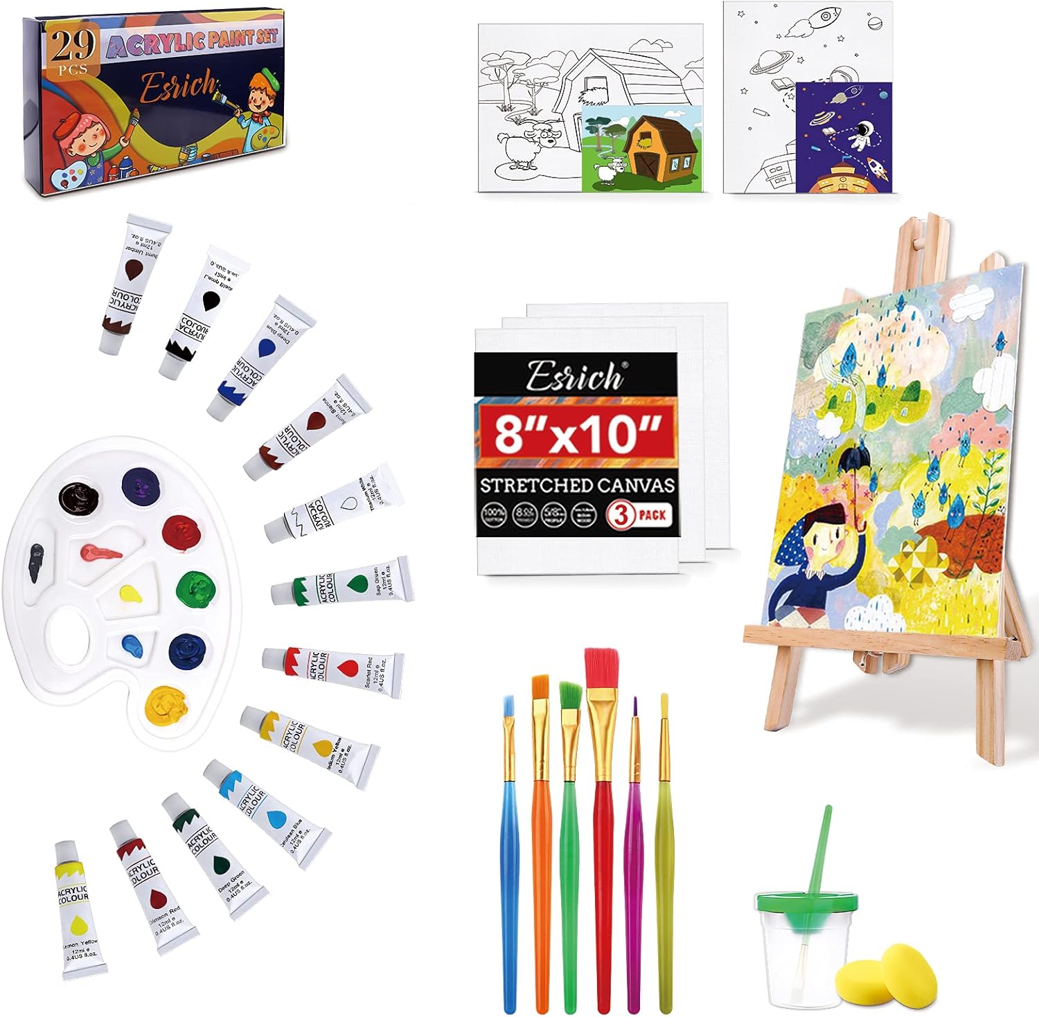 Acrylic Paint Set for Kids,66 PCS Art Supplies with Brushes, Acrylic Paint, Palette, Easel, Art Smock, Blank and Themed Drawing Board, Brush Cup and Sponges: Home & Kitchen