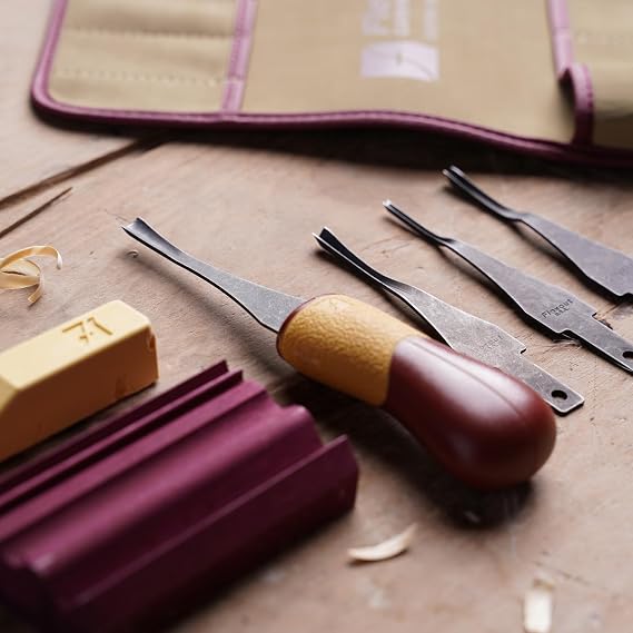 FLEXCUT SK130 5-Piece Lino & Relief Printmaking Set, Carbon Steel Blades (SK306, SK309, SK803, SK307), Quick Connect ABS Handle, Tool Roll, Strop & Honing Compound 12 oz, Made in USA