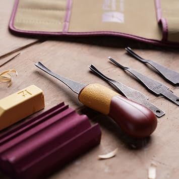 FLEXCUT SK130 5-Piece Lino & Relief Printmaking Set, Carbon Steel Blades (SK306, SK309, SK803, SK307), Quick Connect ABS Handle, Tool Roll, Strop & Honing Compound 12 oz, Made in USA