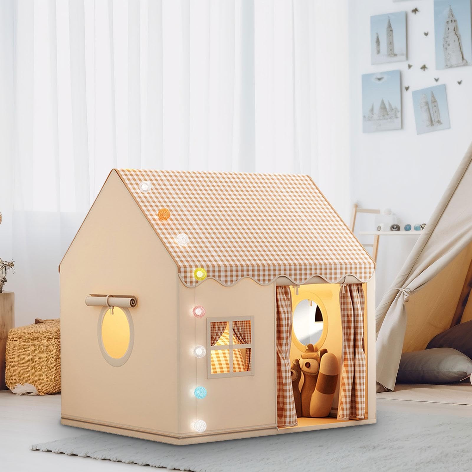 Tienda de Campaña Infantil de Interior, de Juegos con Puerta Y Ventana, Castillo Portátil para Niños Y Niñas, Gris