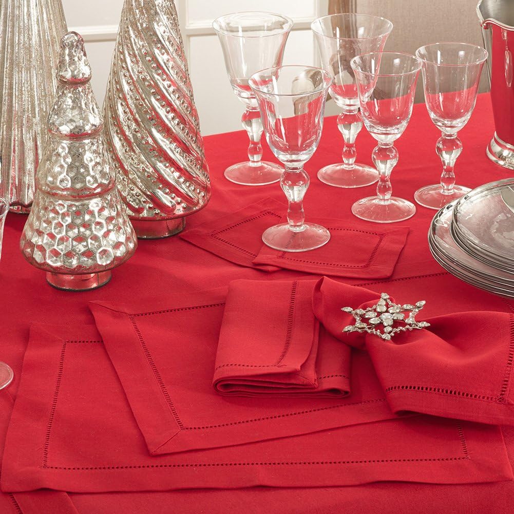 Red Hemstitched Border Holiday Tablecloth, 70" X 120" Rectangular