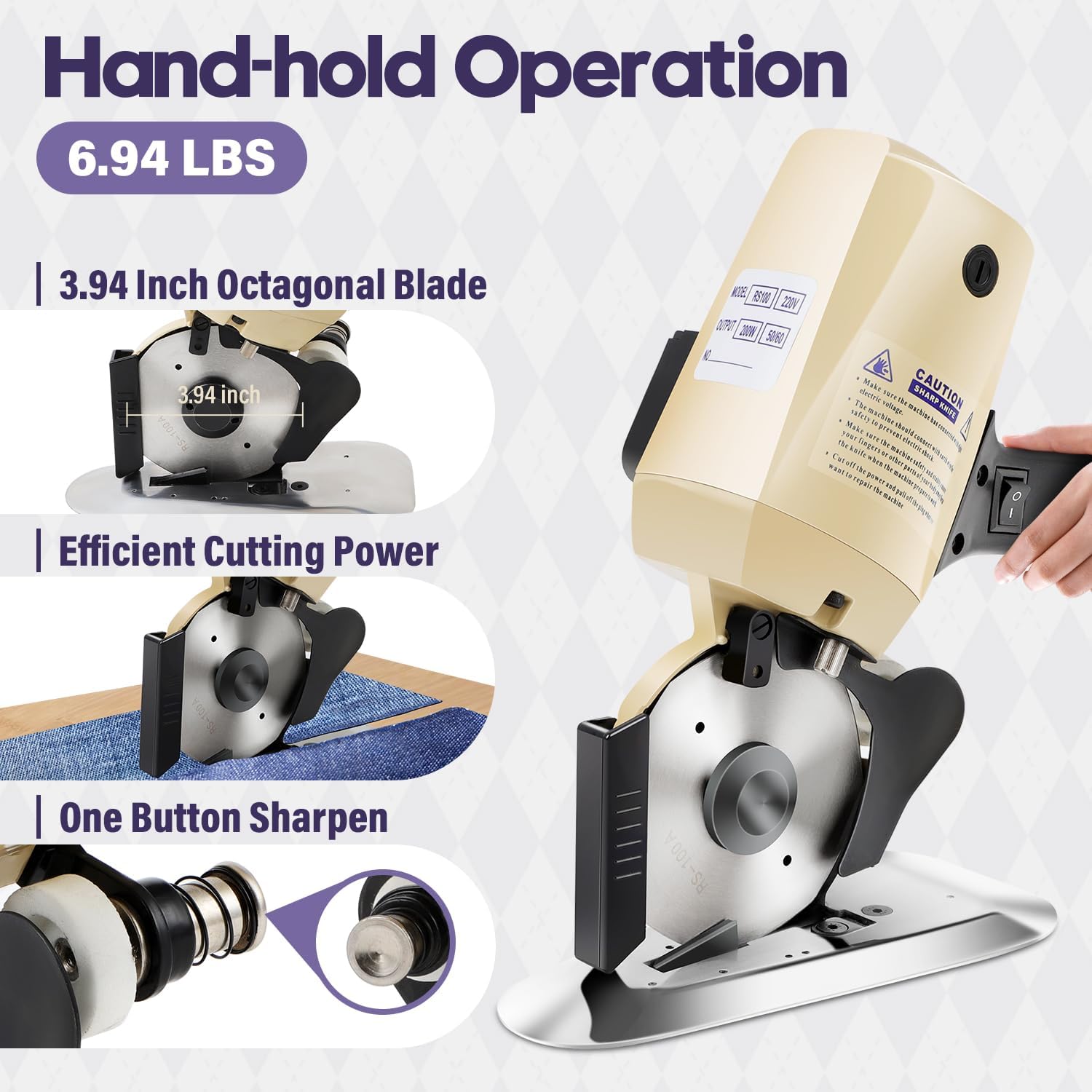 Electric Rotary Fabric Cutter, 110V Electric Fabric Cutter, 4 Inch Octagonal Blade Cloth Cutter Electric Scissors with Automatic Sharpener for Multi Layer Carpet Leather