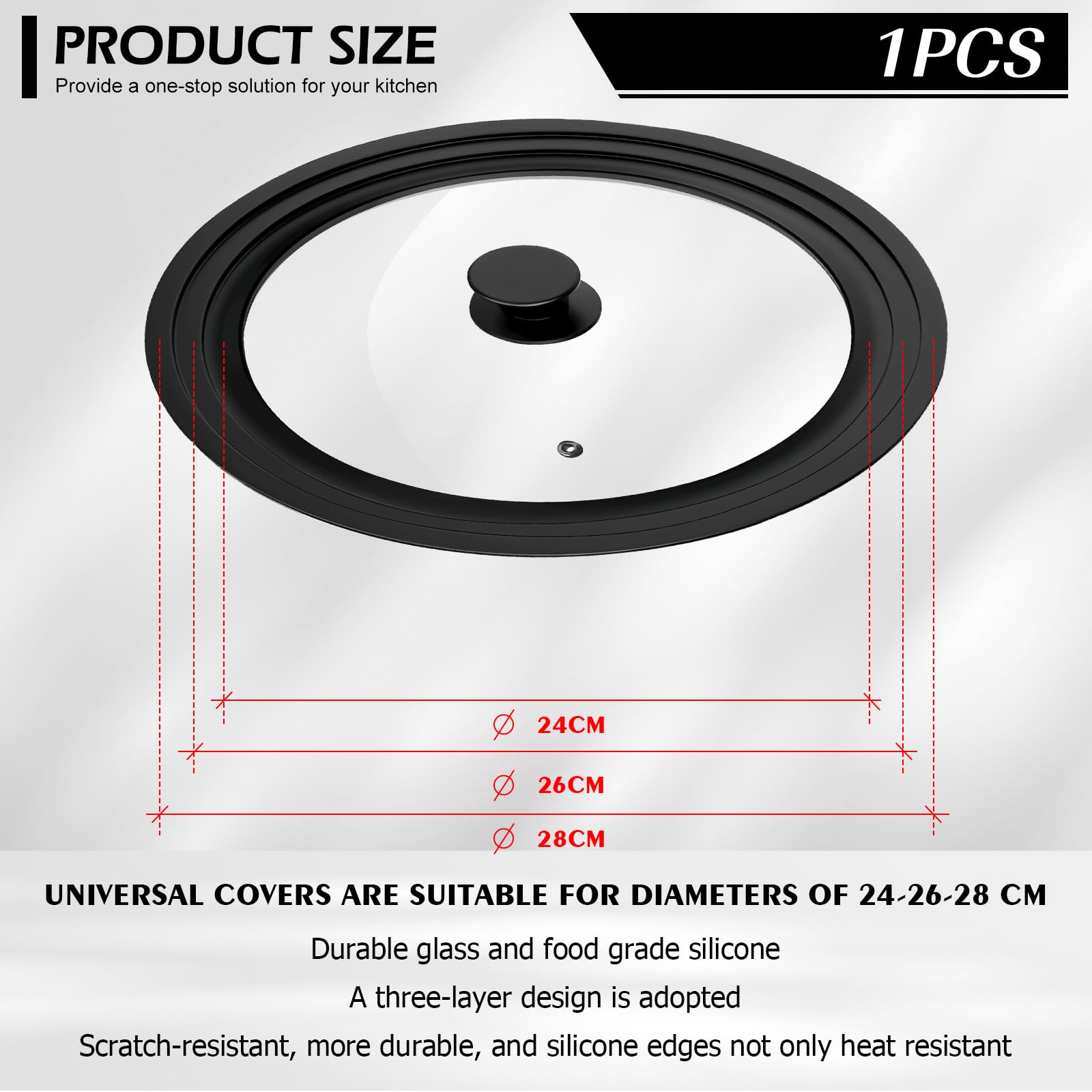 2 coperchi universali per padelle Ø 16/18/20 cm e 24/26/28 cm per pentole, coperchi in vetro per padelle con bordo in silicone resistente al calore, coperchio per pentola per cottura