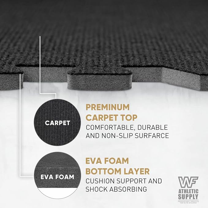 WF Athletic Supply Alfombrillas de Piso de Espuma EVA con Superficie de Alfombra Negra, Piezas de Rompecabezas de 24 x 24 pulgadas x 12 mm para Gimnasio en Casa, Cuarto Infantil y Sala miniatura 4