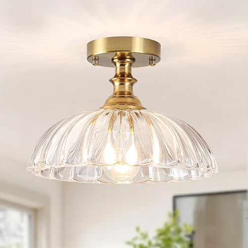 Gold Glass Chandelier Ceiling Light Farmhouse Pendant Fixture E26 | Thickened Clear Glass Shade Modern Petal Ceiling Light Electroplated Gold Iron for Dining Room Kitchen Office Coffee