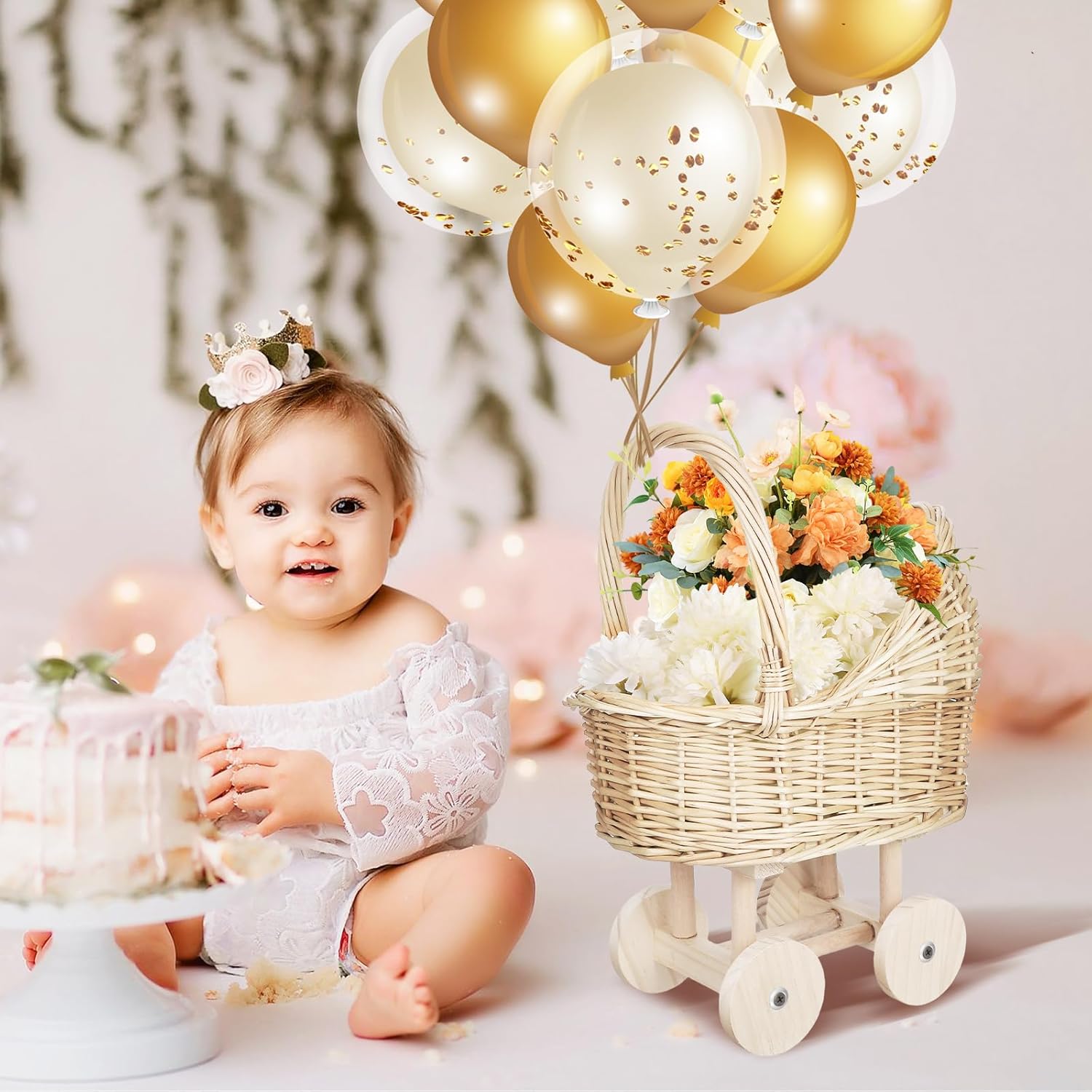 VICASKY Cute Small Basket Handle Baby Shower Basket Rattan Flower Girl Basket for Wedding Dec