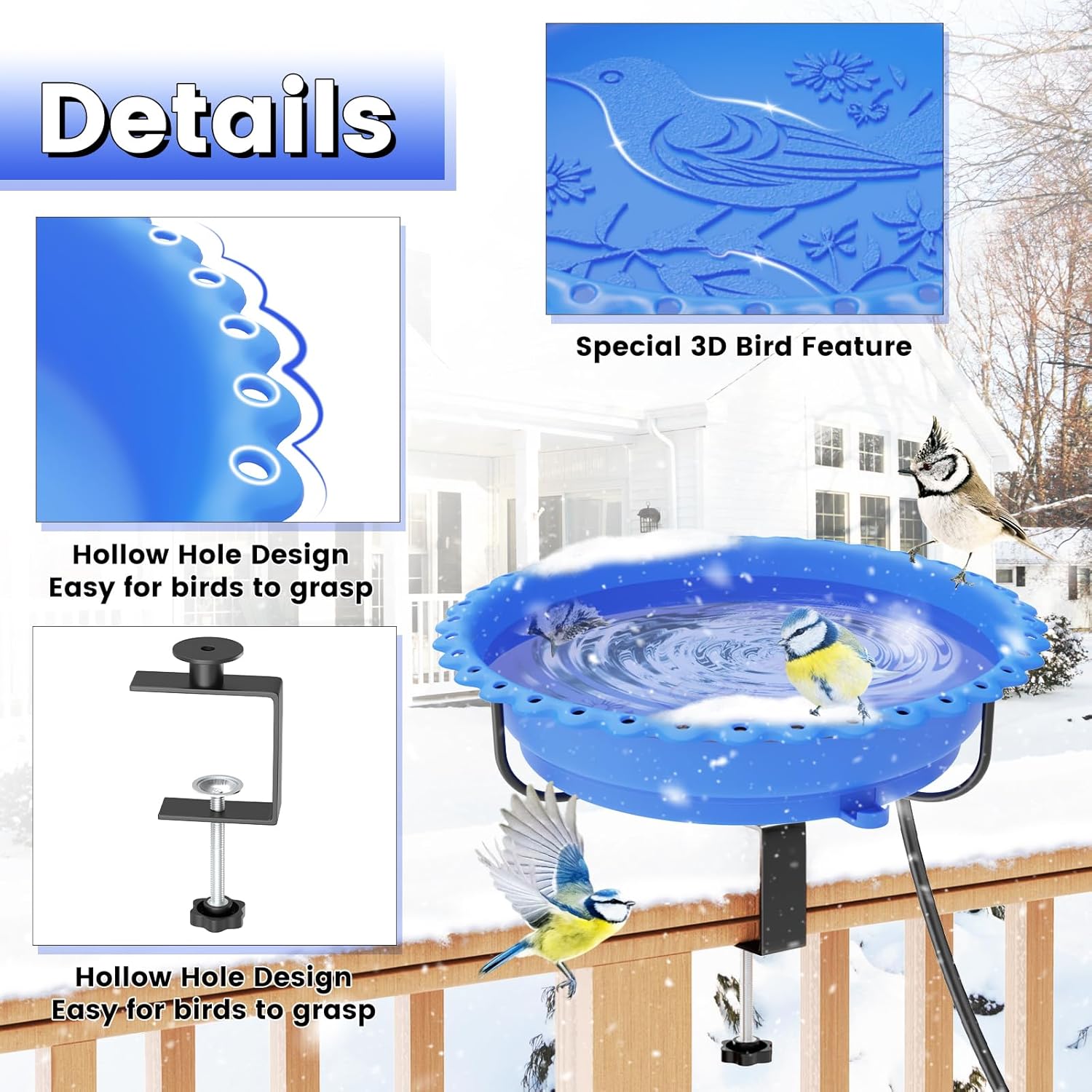 Heated Bird Baths for Deck Railing, Upgraded 100W Thermostat Control Heated BirdBaths with Metal 5 Prong Base for Outside Garden Yard Patio Lawn (Blue)
