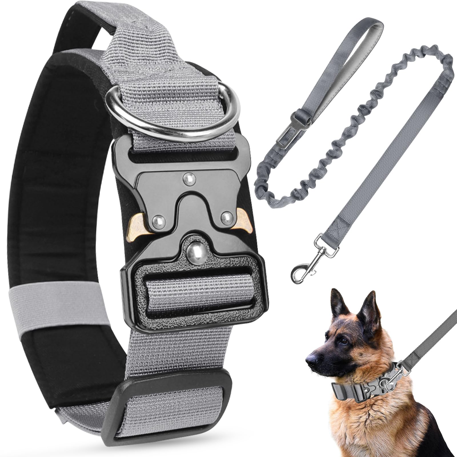 AKOFIC Tactical Dog Collar, Heavy Duty Wide Dog Collar with Handle and Soft Padded, Adjustable Comfortable Pet Collar for Small Medium and Large Dogs Training (Gray+Leash, L)