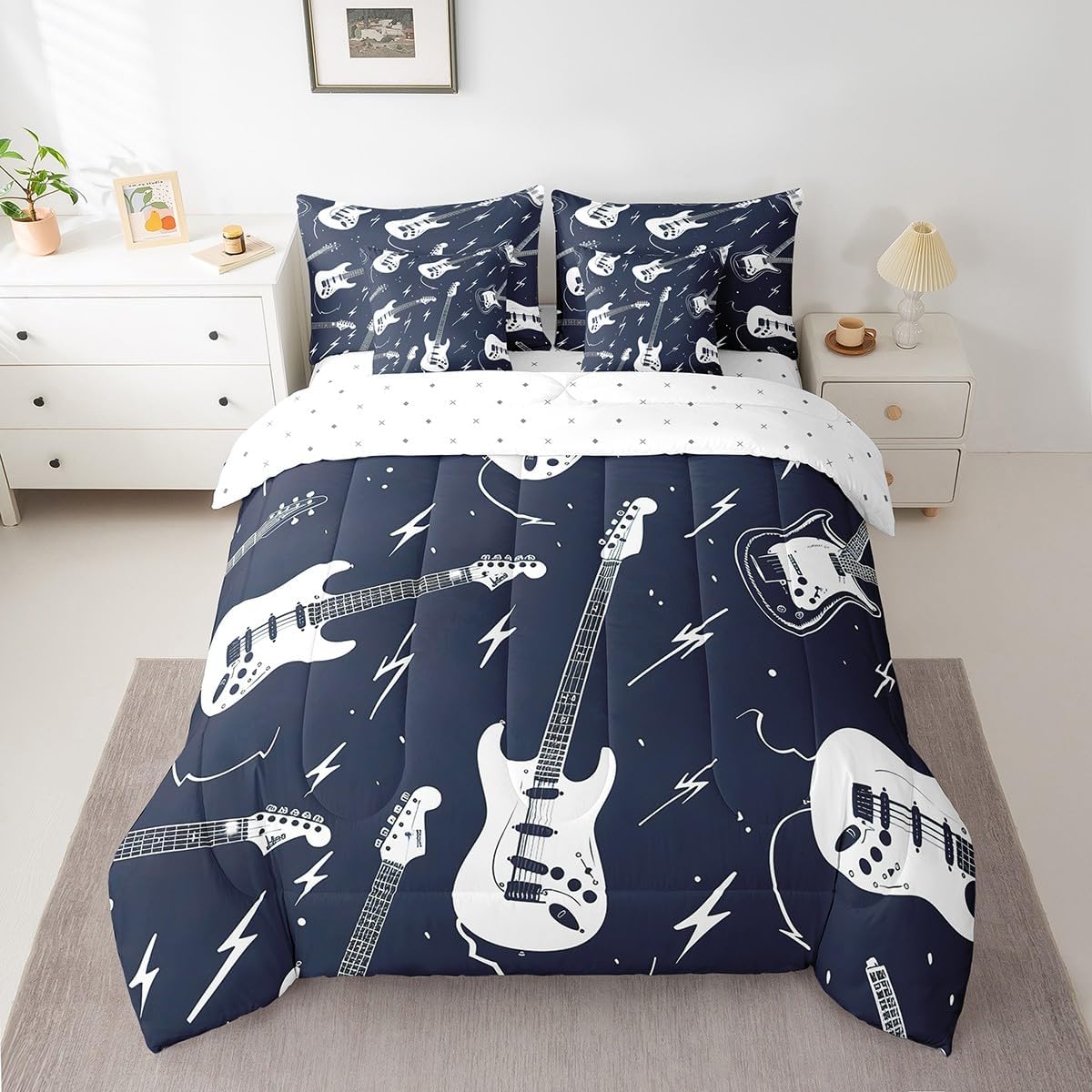 Feelyou Kids Guitar Comforter Set 7 Piece Twin Rock Music Bedding Twin Comforter Set Women Men Easy-Wash Musical Guitar Instruments Bedding Set Twin Bed Set with Sheets, Pillowcases, Pillow Covers