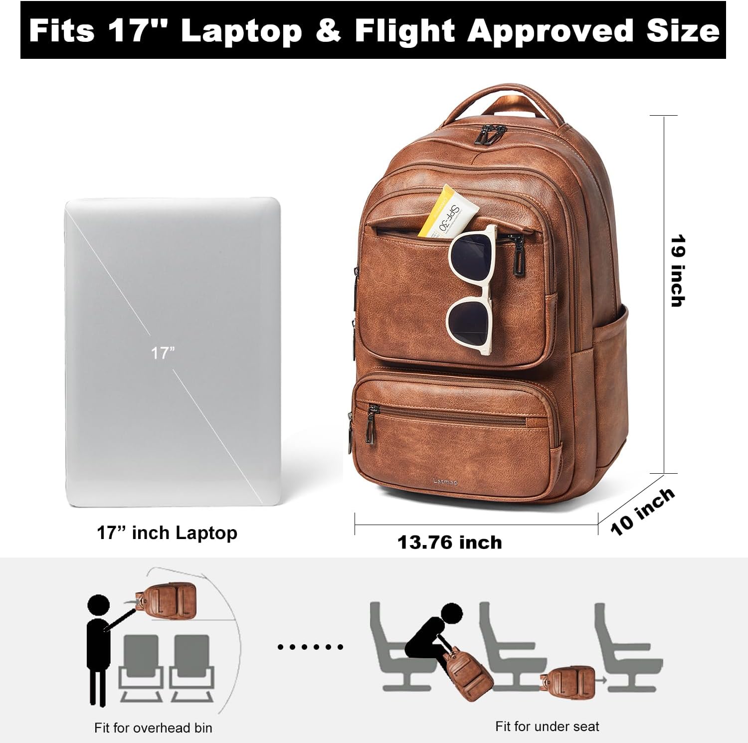 43L Backpack Purse For Women Men Leather Shoulder Diaper Bookbag Tote 17 16 15.6 Inch Laptop Bag Handbags For Travel Work College Large Brown - Image 4