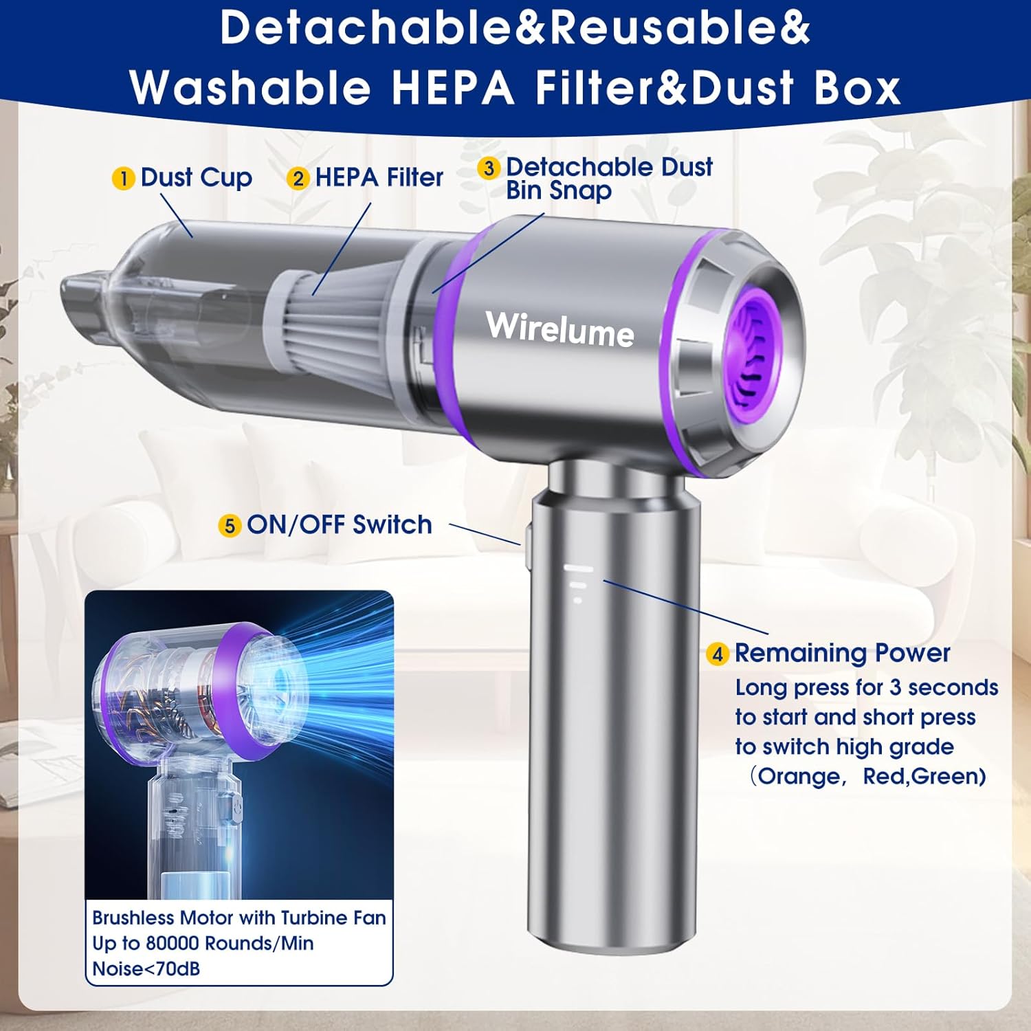 Handheld Car Vacuum Cleaner Cordless Powerful 22000Pa Strong Cyclonic Suction Blowing Brushless Motor Portable Rechargable Lightweight for Pet Hair Vehicle Home Office Purple