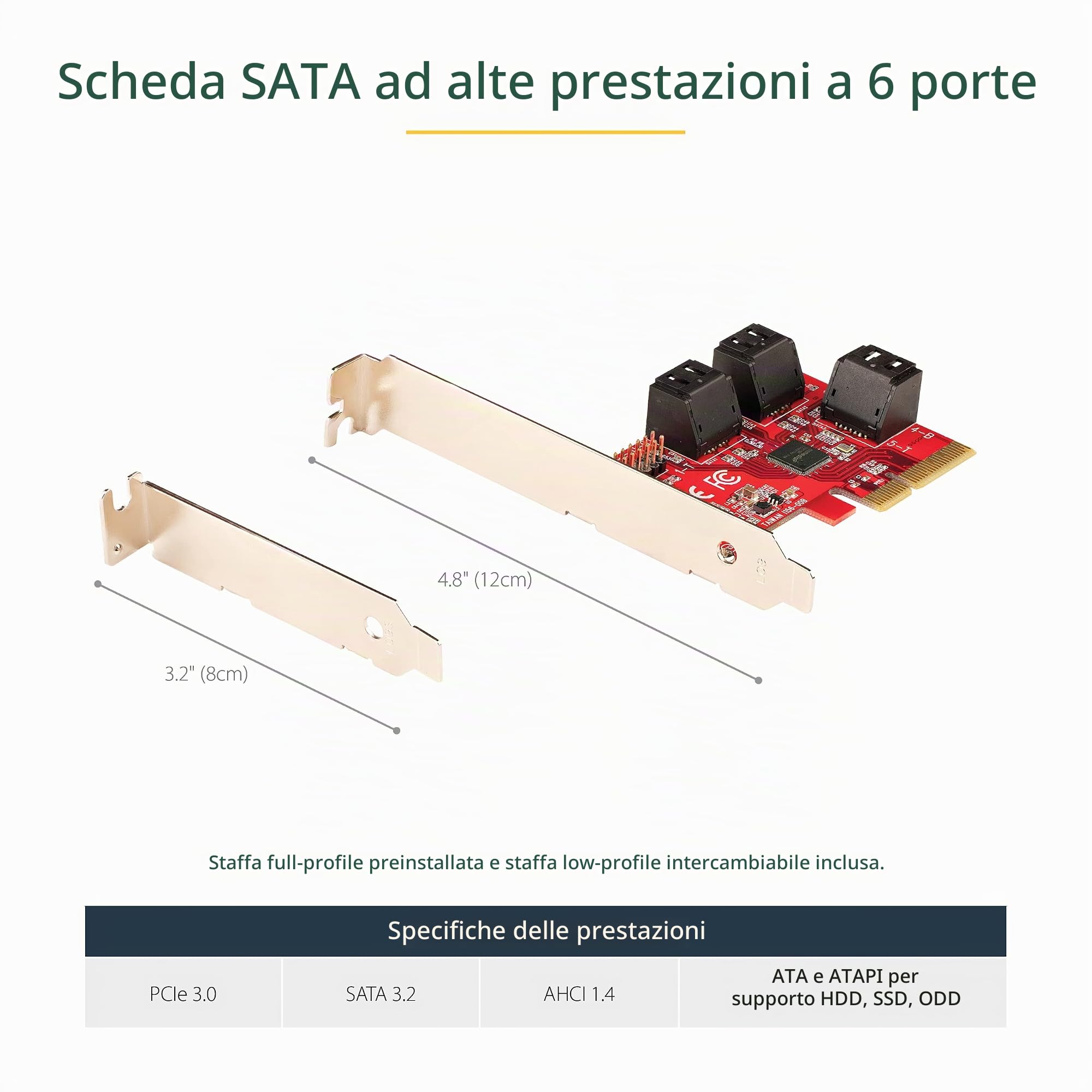 StarTech Scheda PCIe SATA III 6 Porte 6Gbps, Non-RAID (6P6G-PCIE-SATA-CARD) | Connettori SATA Sovrapposti, Profilo Basso, Controller ASM1166