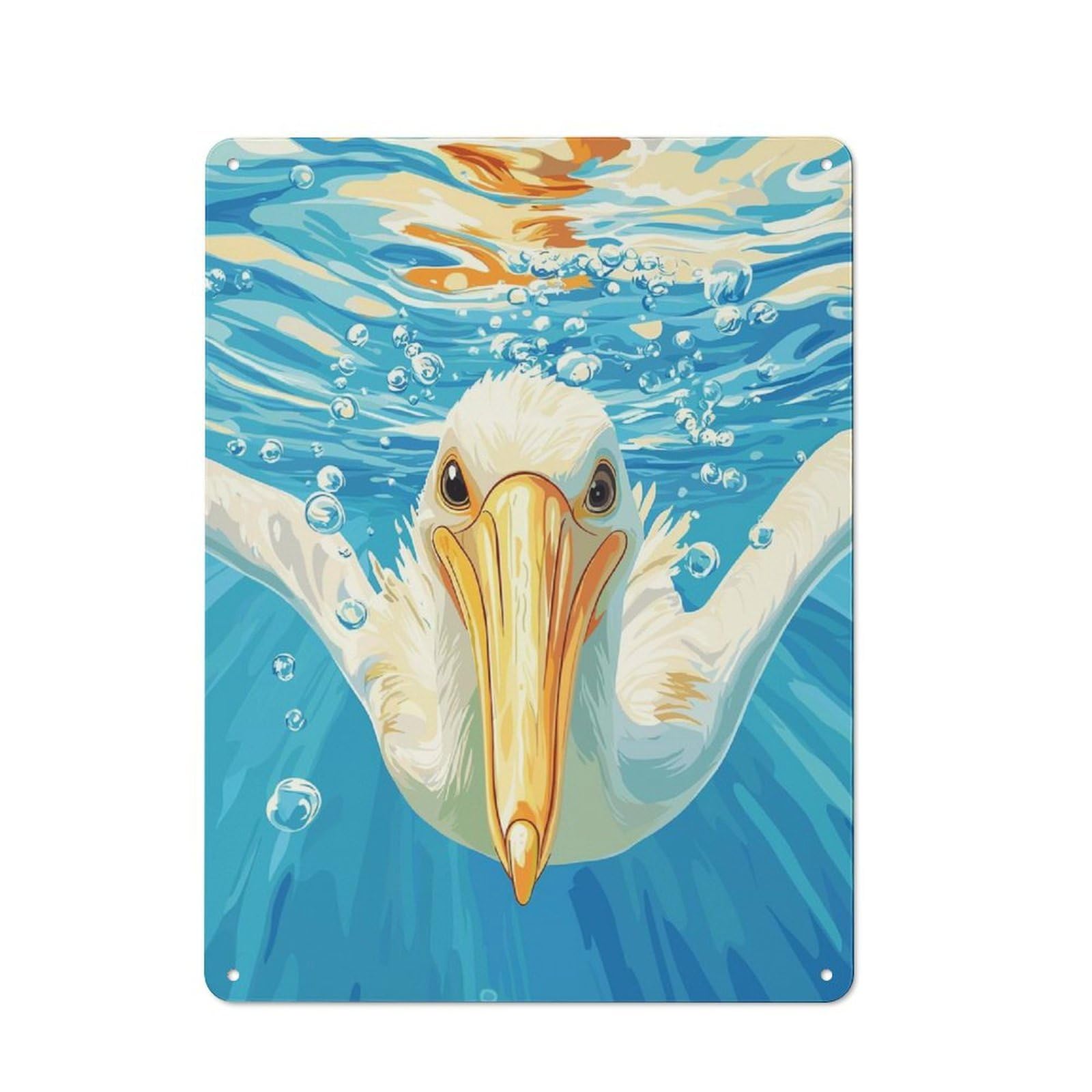 Junmoney Style-11 Tin Wall Plaque 40X30cm With Pelican Underwater Illustration For Hobby Room Or Studio, For Themed Interiors In Hobby Rooms And Studios